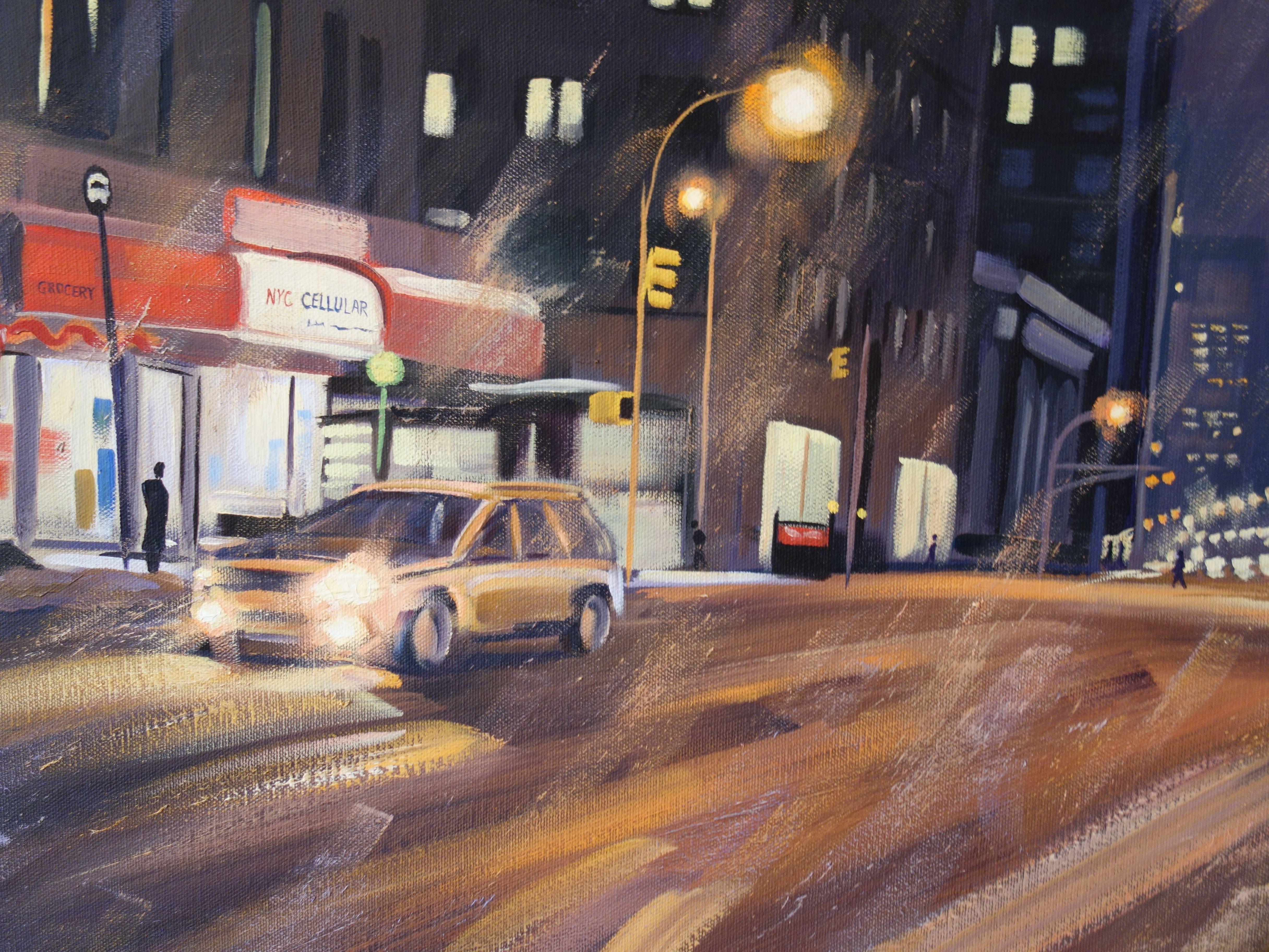 Una tormenta de nieve al anochecer en el bajo Manhattan hace que resalten los hermosos remolinos de malvas, naranjas y amarillos de las farolas, las luces de los coches y las luces de los edificios. ¡Coches en apuros y figuras solitarias en agudo
