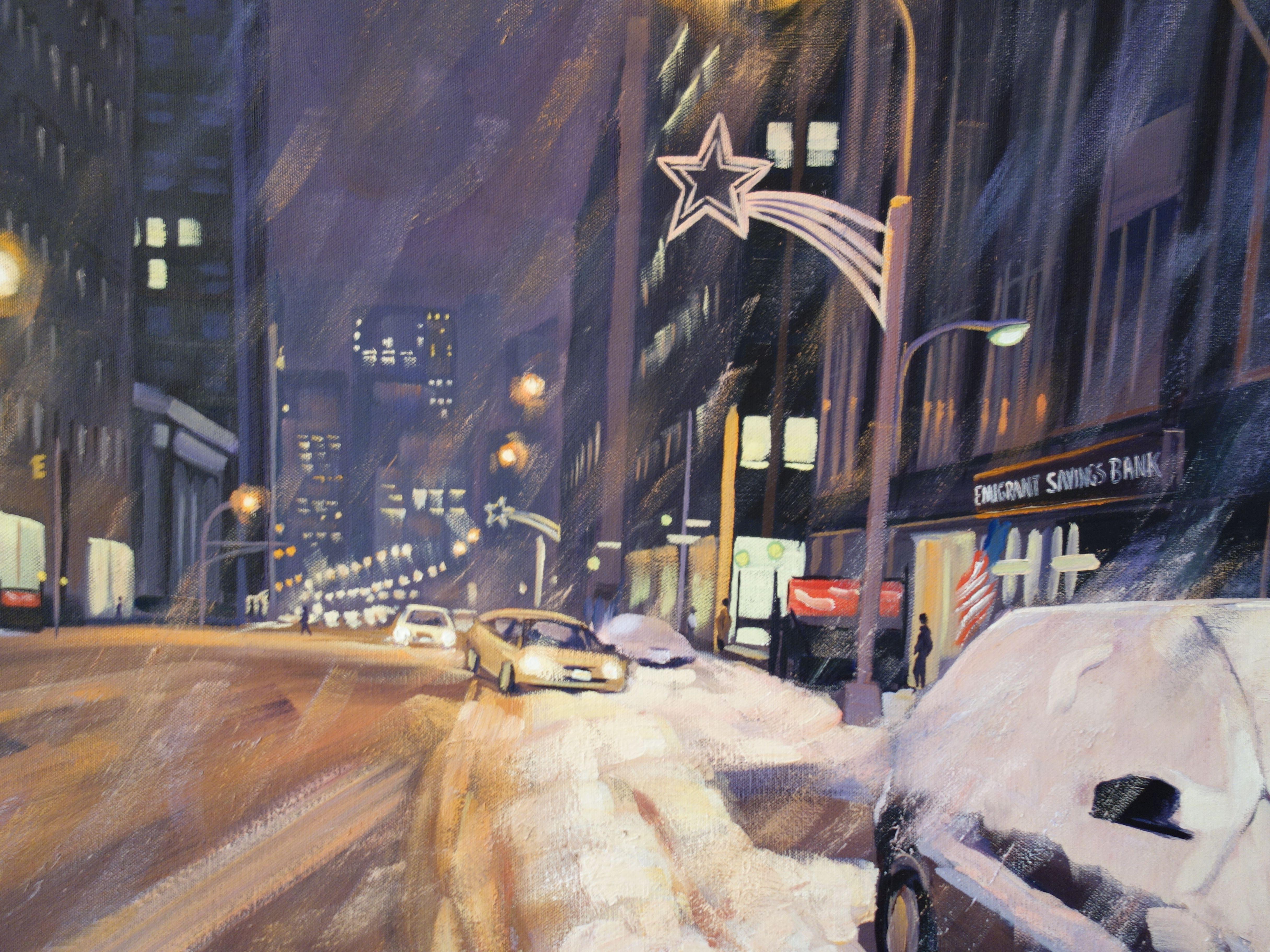 Snowstorm, Church St, Painting, Oil on Canvas For Sale 2