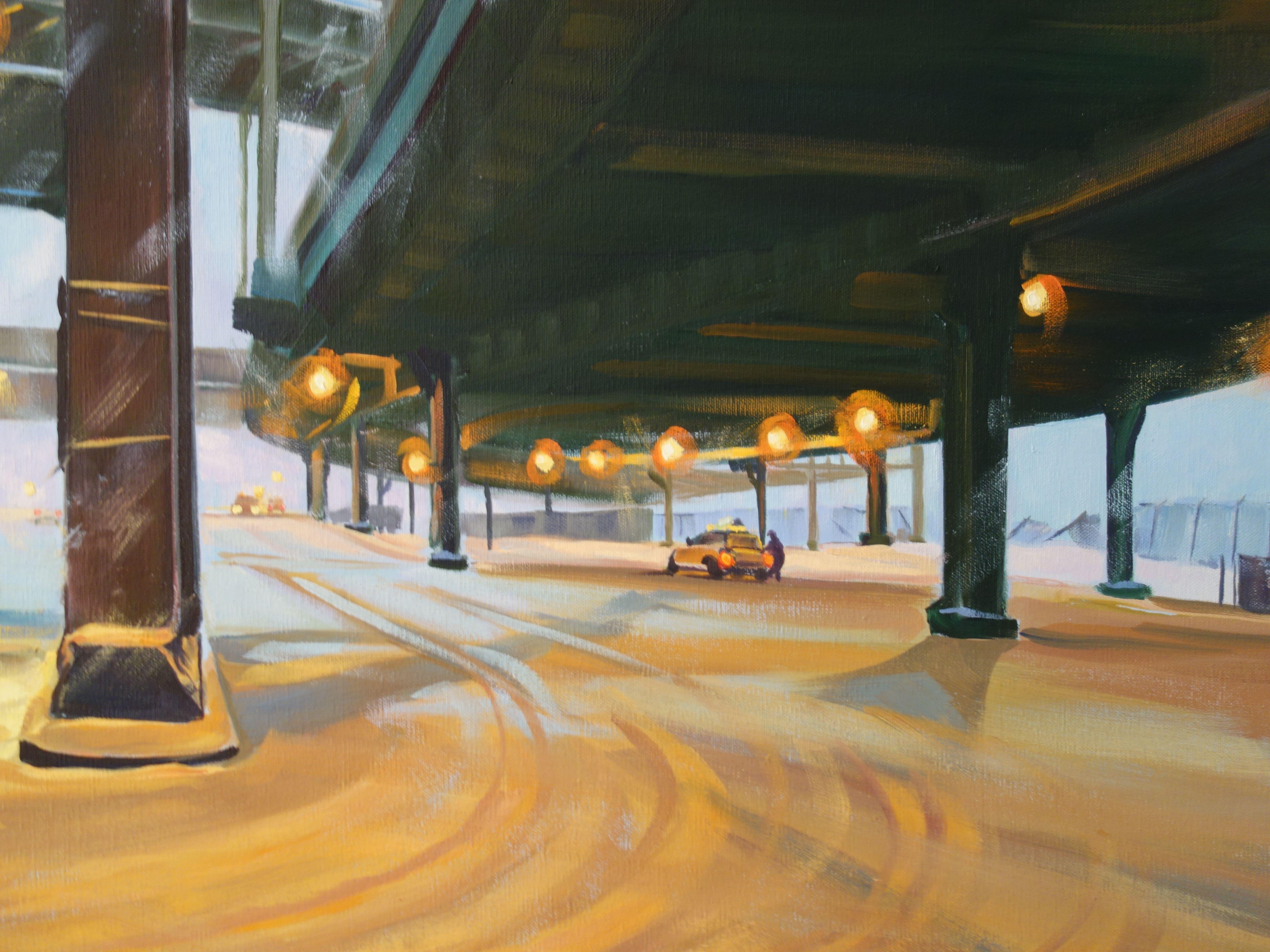 A glorious snowstorm in lower Manhattan under the FDR Drive and Brooklyn Bridge, with swirling snow and glowing cab lights, and lone figures looking to escape the storm. South Street in Lower Manhattan transformed by winter magic. :: Painting ::