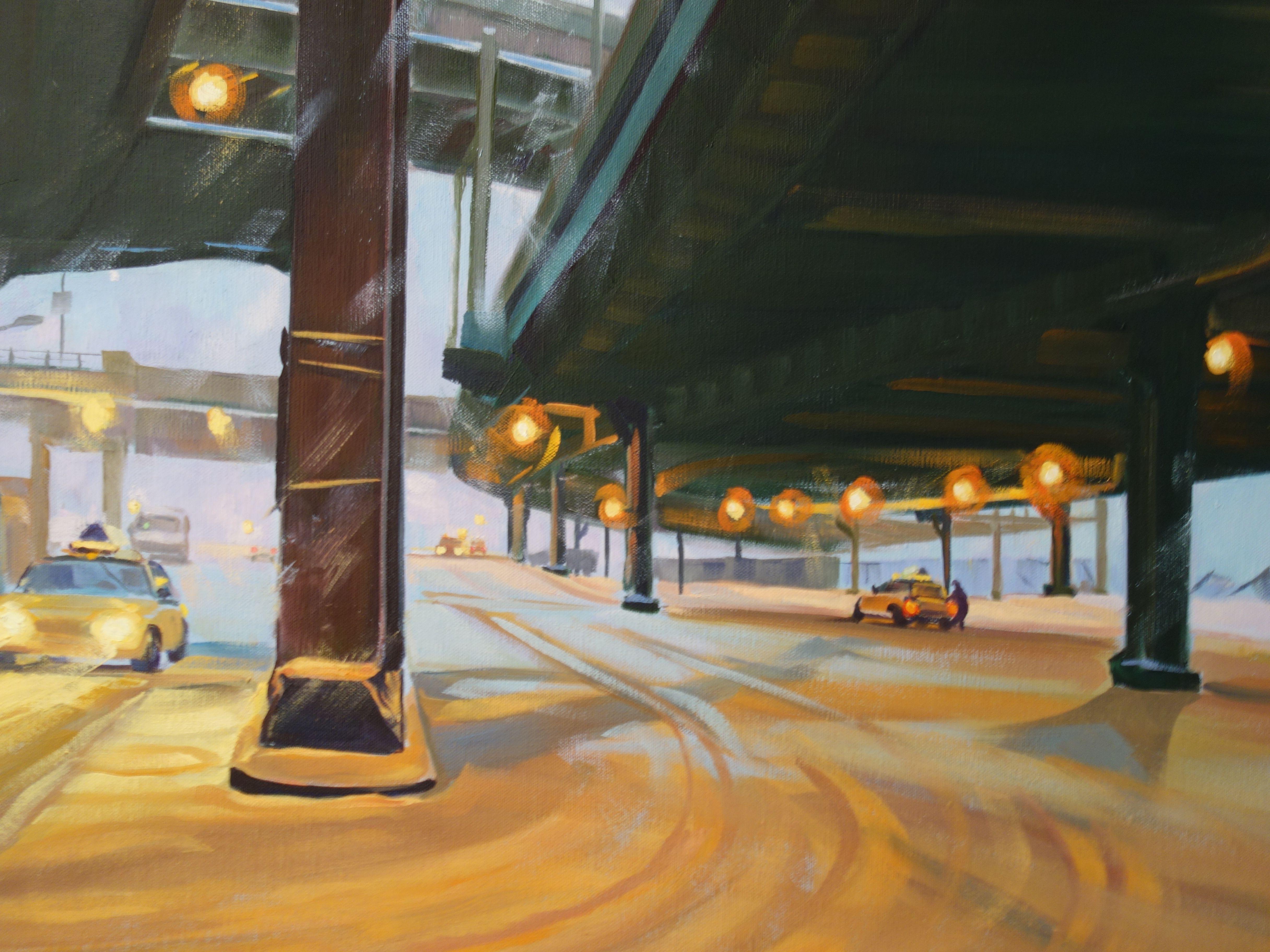 South Street Snowstorm, Under the Viaduct, Painting, Oil on Canvas For Sale 1