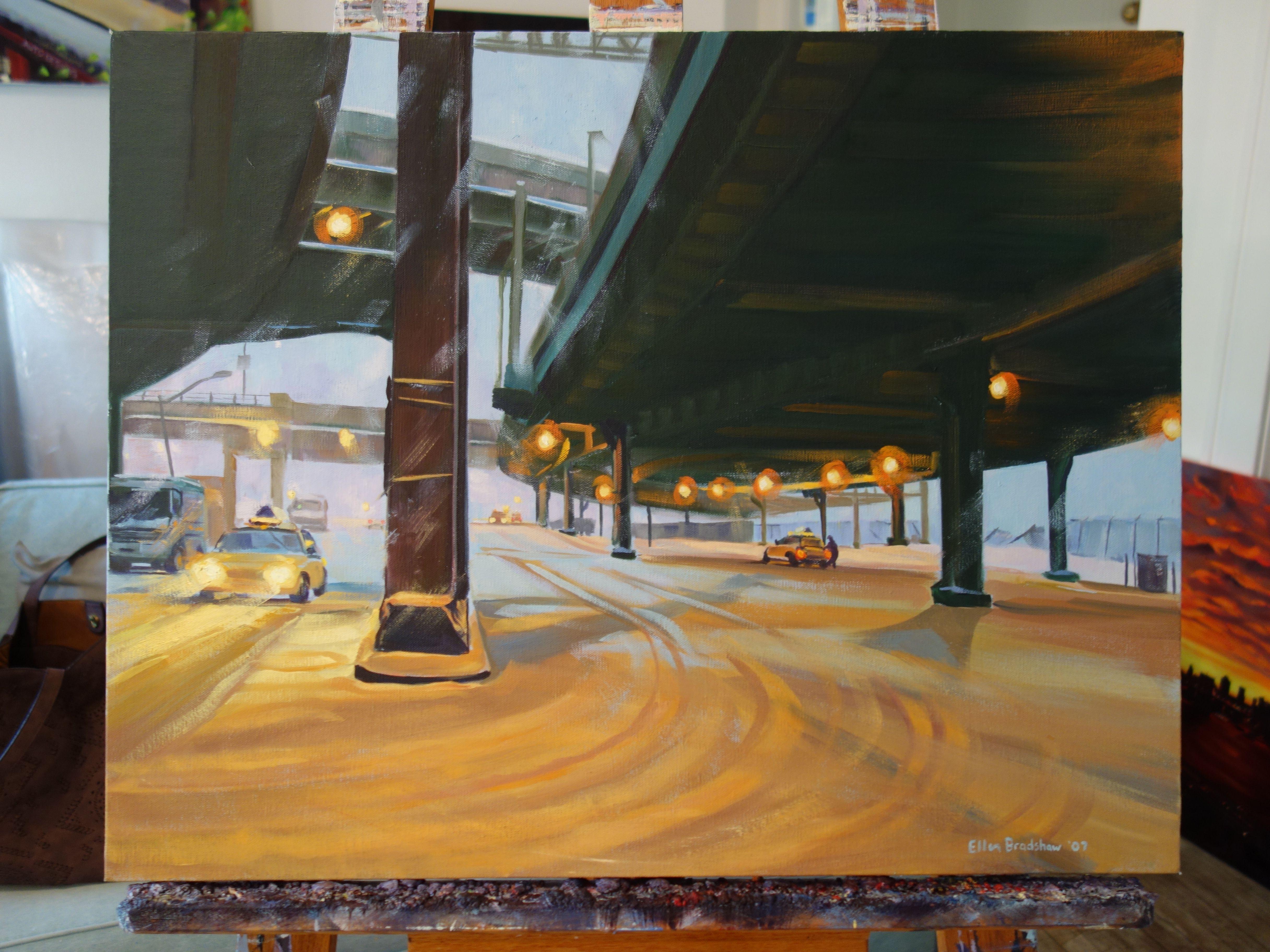 South Street Snowstorm, Under the Viaduct, Painting, Oil on Canvas For Sale 2