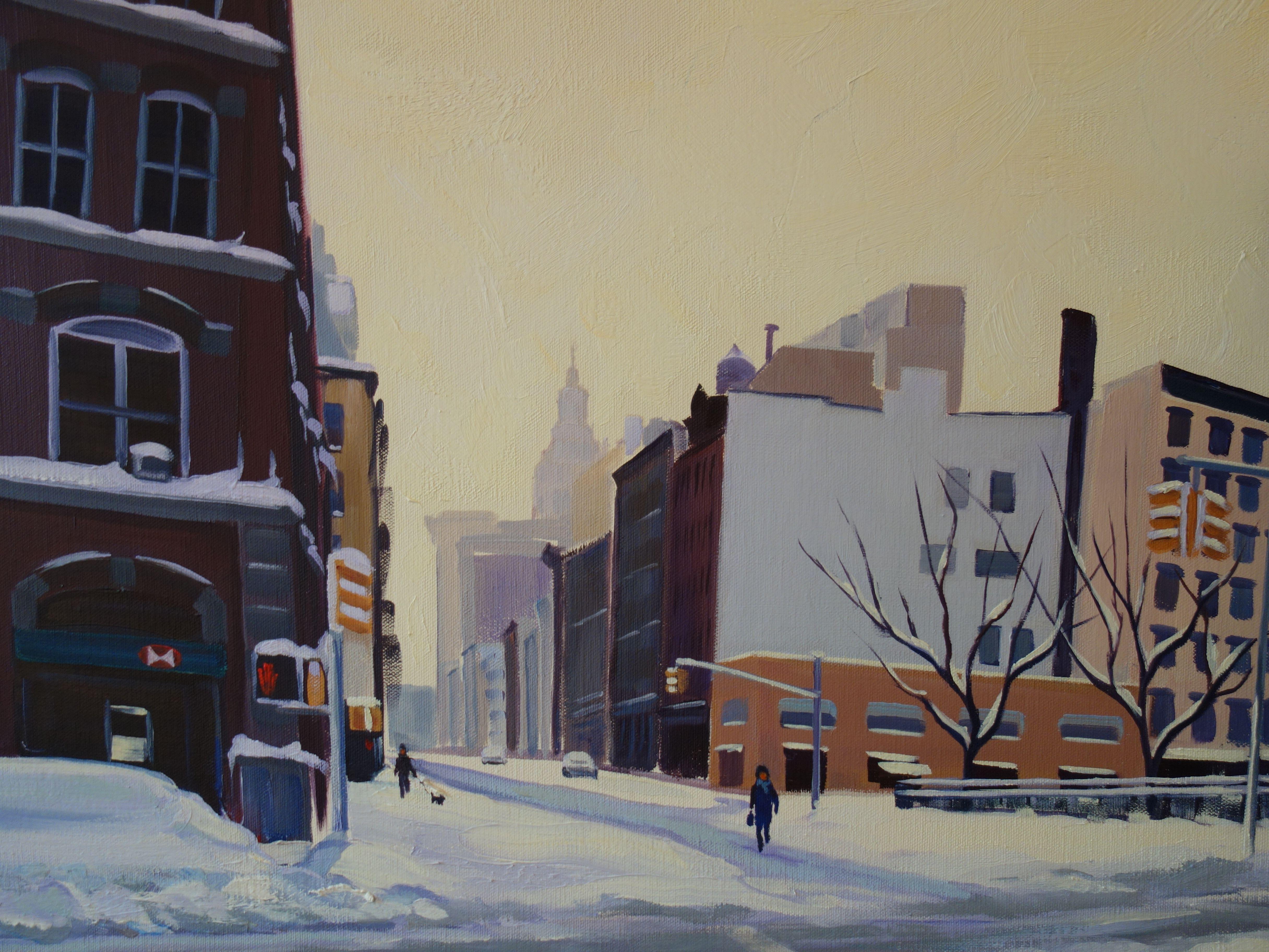 A beautiful still winter's day in Tribeca, lower Manhattan. New York City is hushed in a snowstorm and wonderfully tranquil! This is Bogardus Square. Lone figures brave the elements, and the iconic Woolworth Building graces the skyline! :: Painting
