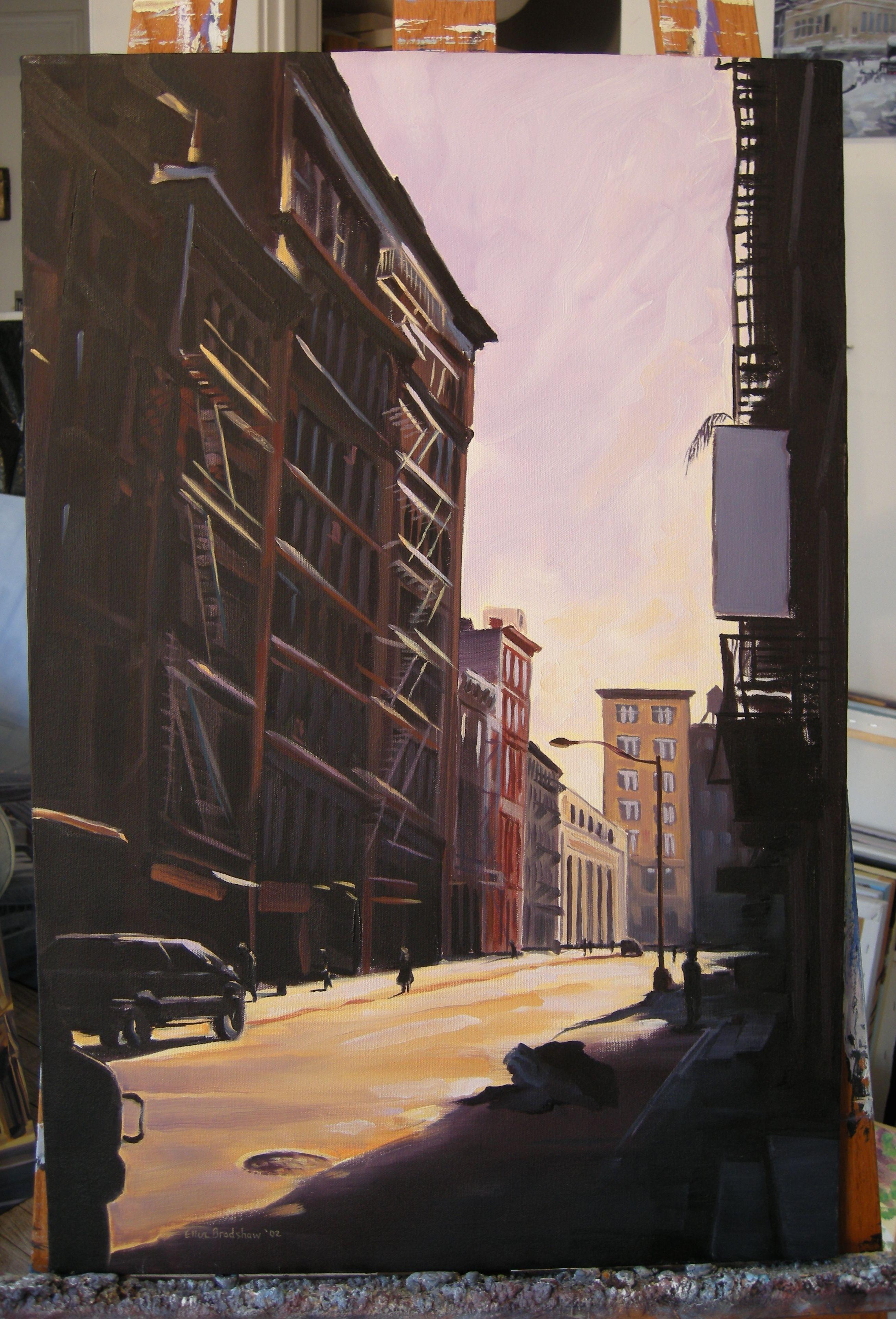 Walking to Pearl Paint on Lispenard St in Lower Manhattan one bright sunny morning, I was struck by the dramatic contrast of sun and shadow! The play of sunlight on fire escapes, and the lone figures and cars bathed in deep shadow inspired me to