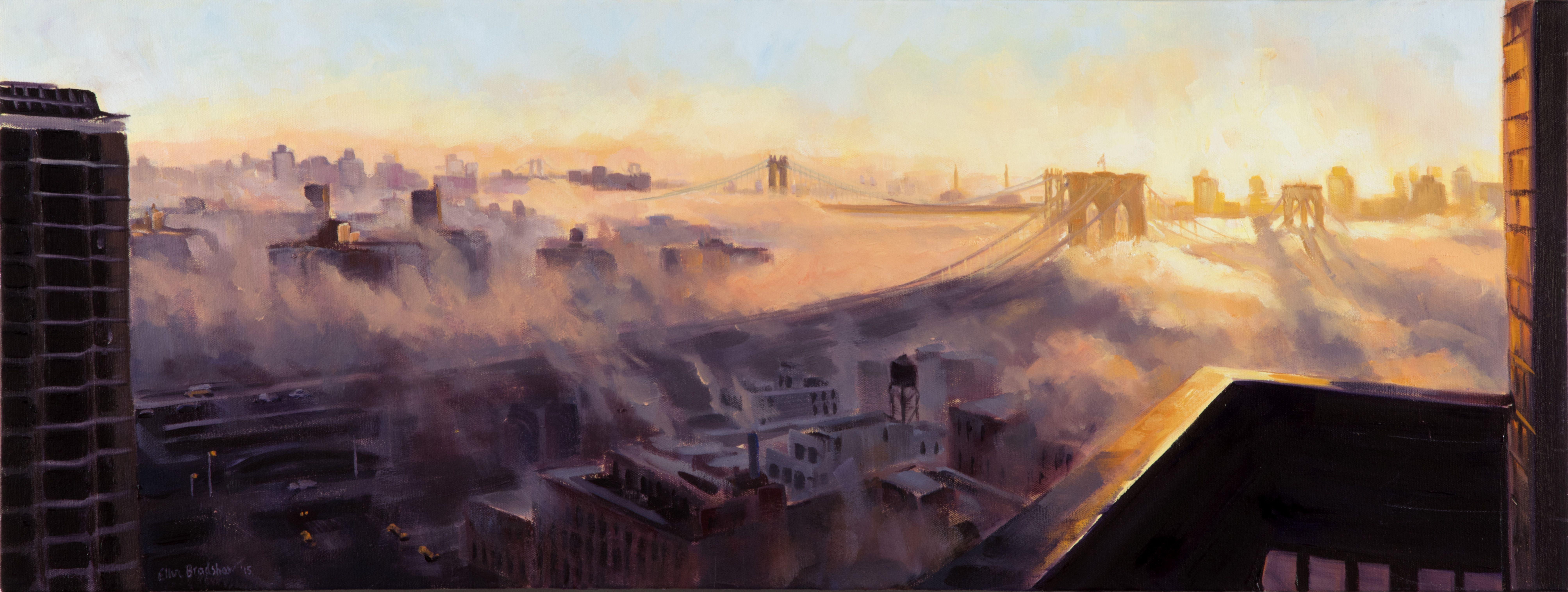 A sweeping view from my 25th floor balcony on a foggy morning at sunrise overlooking Lower Manhattan, with the Brooklyn Bridge, Manhattan Bridge and Williamsburg Bridge shrouded in fog. :: Painting :: Realism :: This piece comes with an official