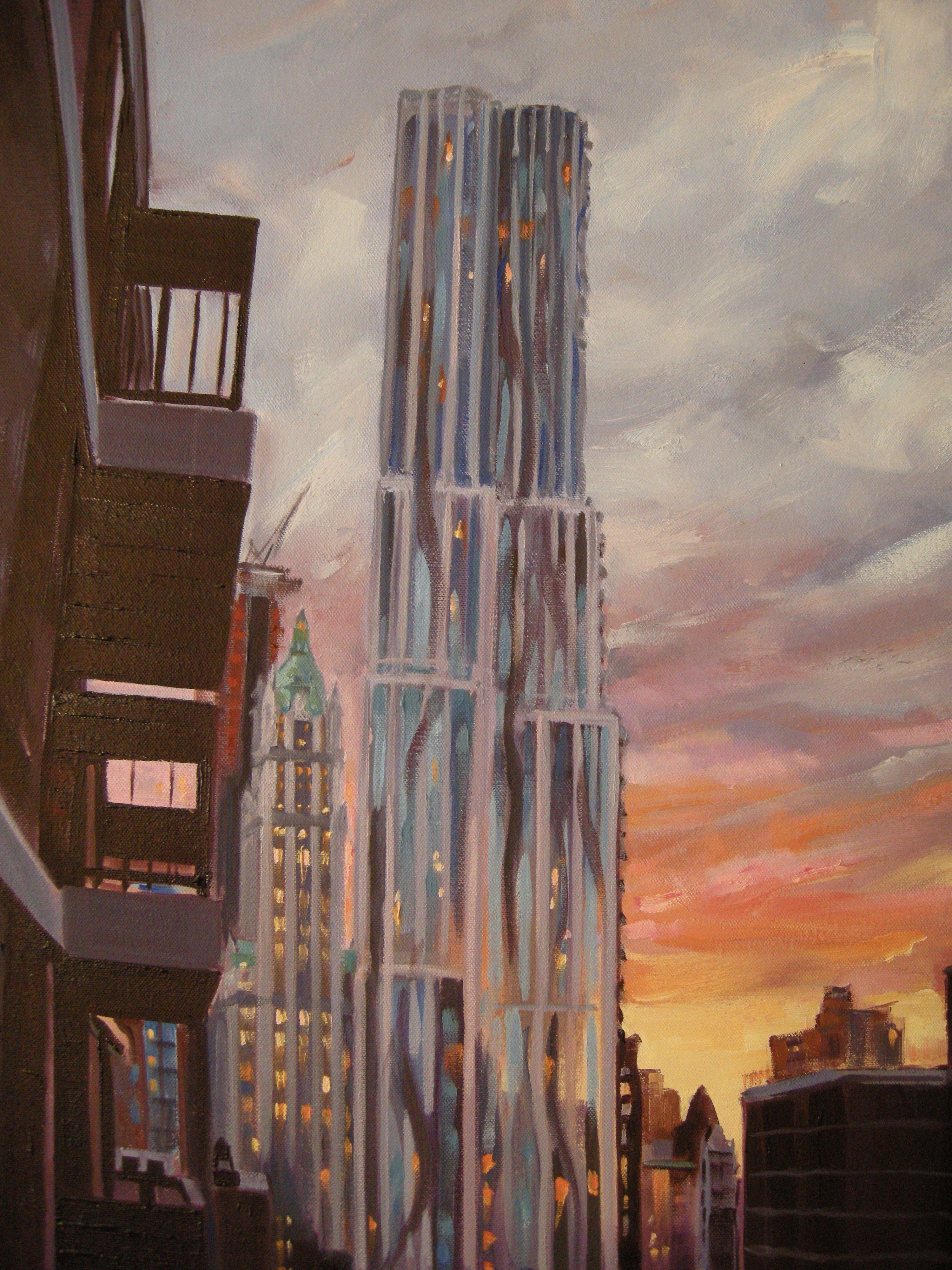 Sunset, Gehry and Woolworth Bldgs, Painting, Oil on Canvas For Sale 1