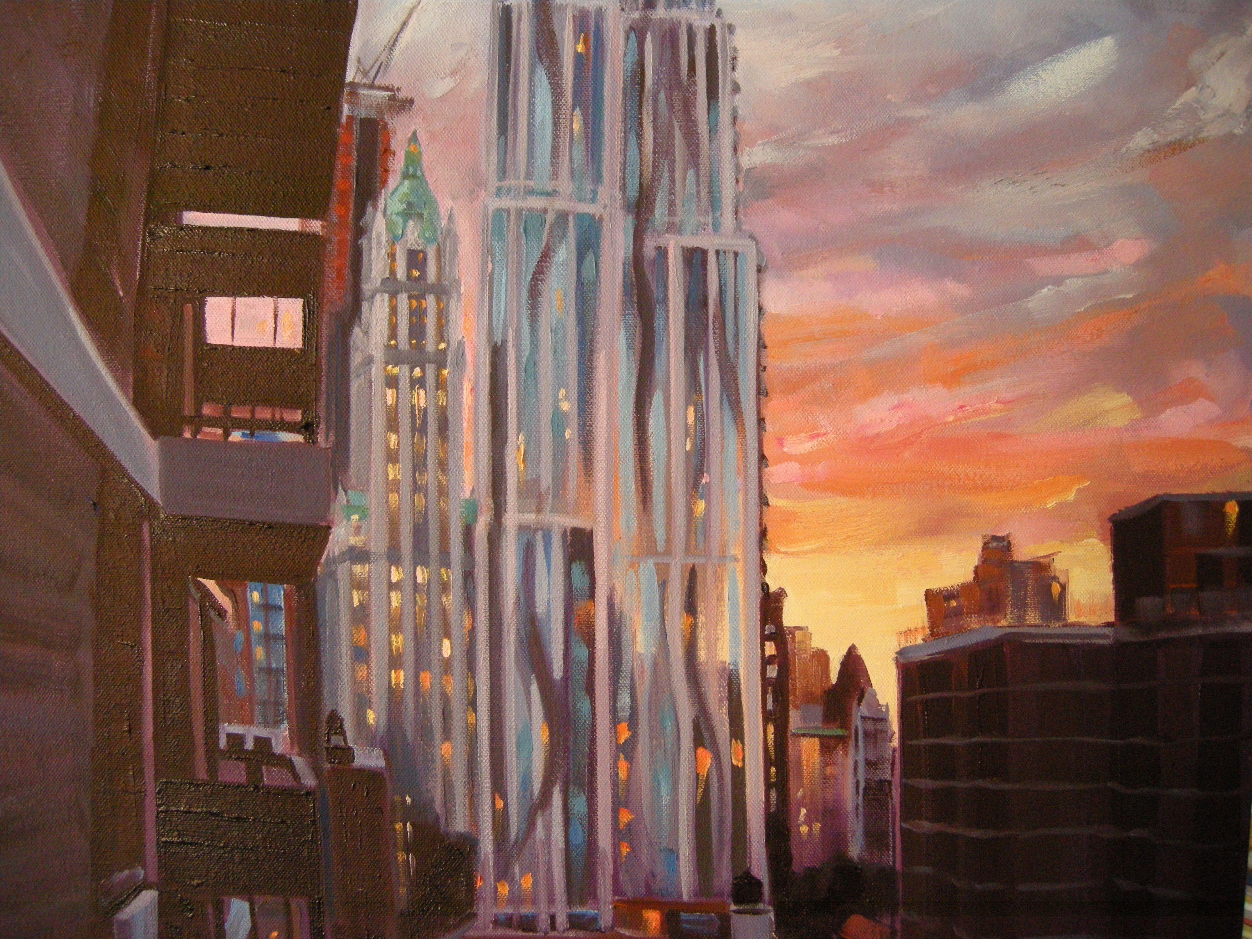 Sunset, Gehry and Woolworth Bldgs, Painting, Oil on Canvas For Sale 1