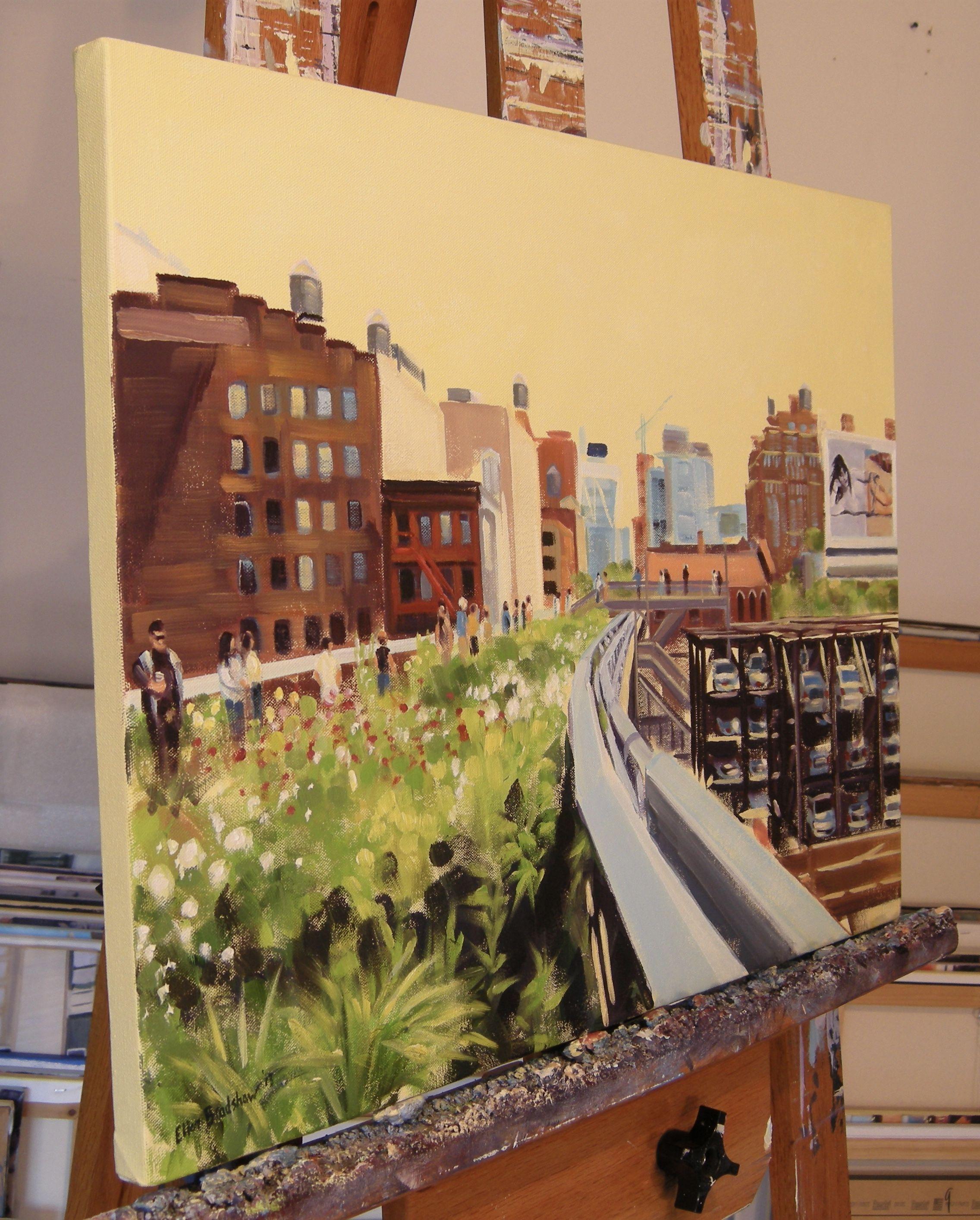 Walking the High Line en juin, peinture, huile sur toile - Painting de Ellen Bradshaw
