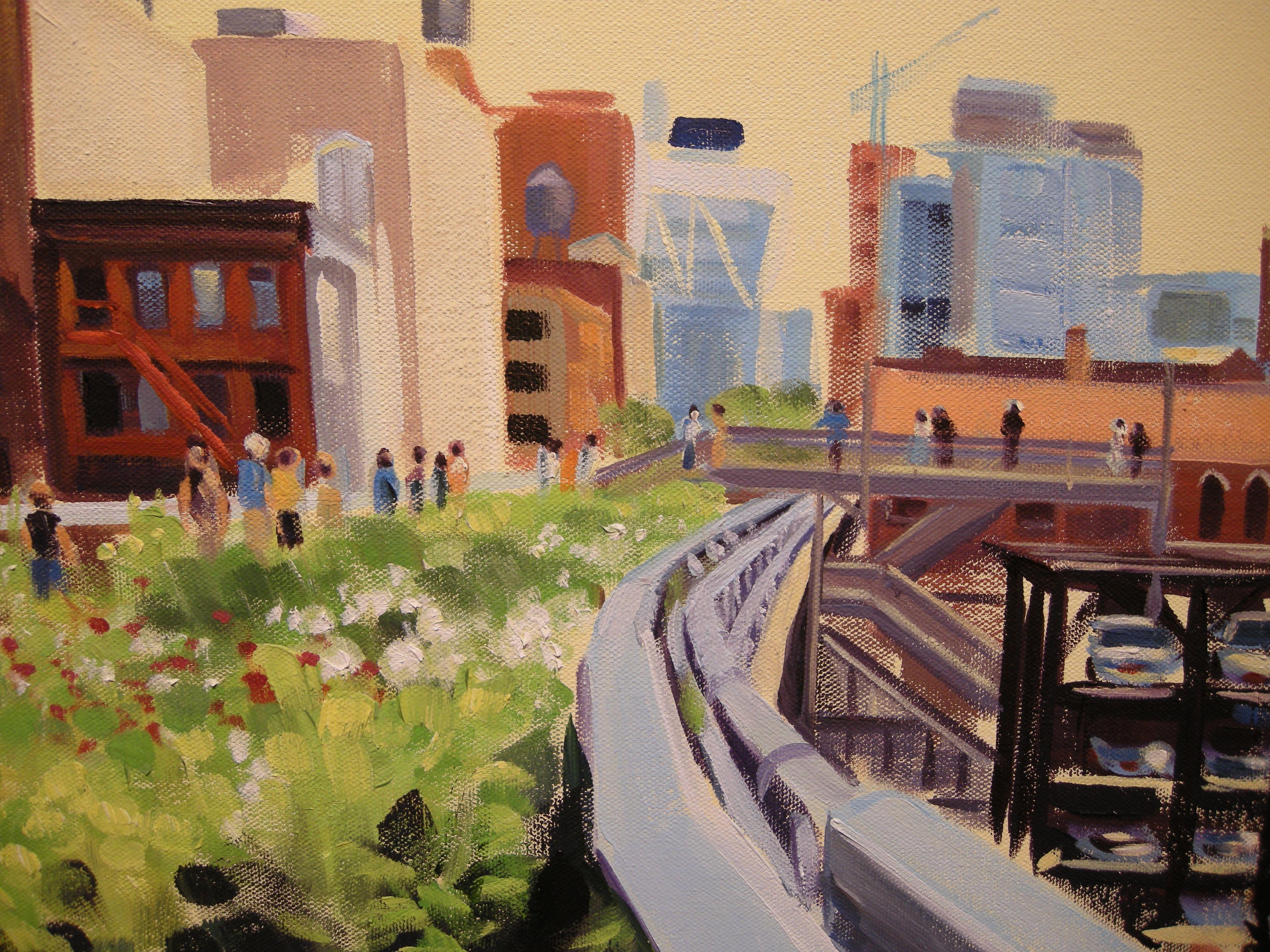 Walking the High Line en juin, peinture, huile sur toile - Beige Abstract Painting par Ellen Bradshaw