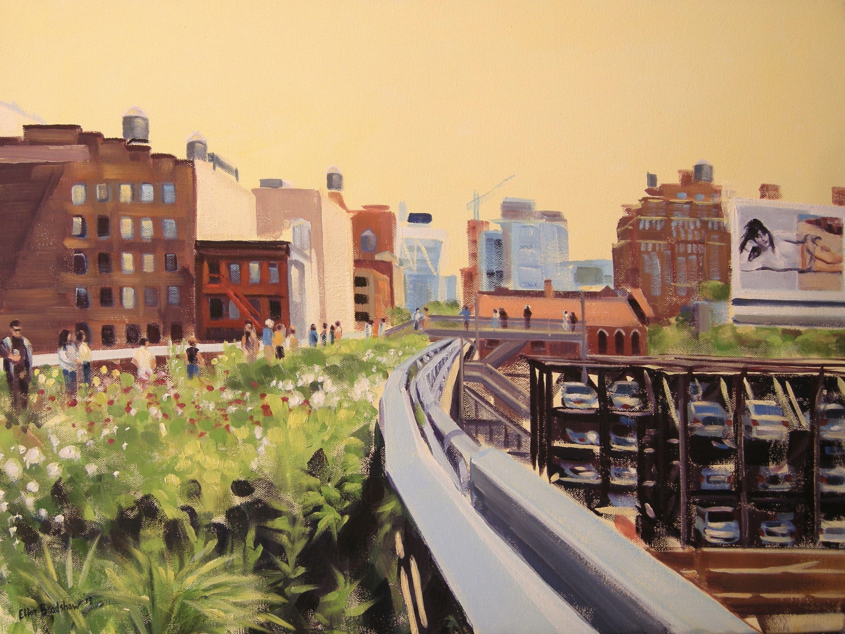 Abstract Painting di Ellen Bradshaw - Passeggiata sulla High Line in giugno, Pittura, Olio su tela
