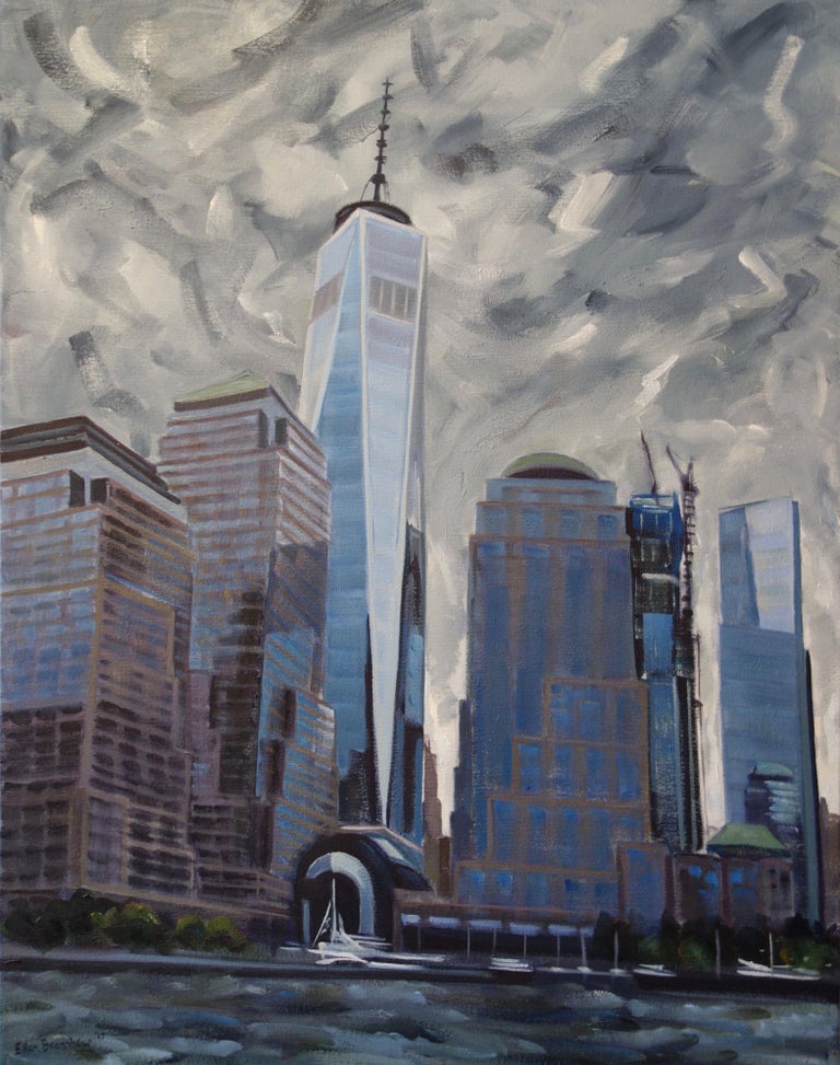 A stormy moody sky plays over the Freedom Tower, World Financial Center and Battery Park City in lower Manhattan!! A view inspired by the AIA architectural tour circling the entire island of Manhattan!! Awe inspiring!!! :: Painting :: Realism ::