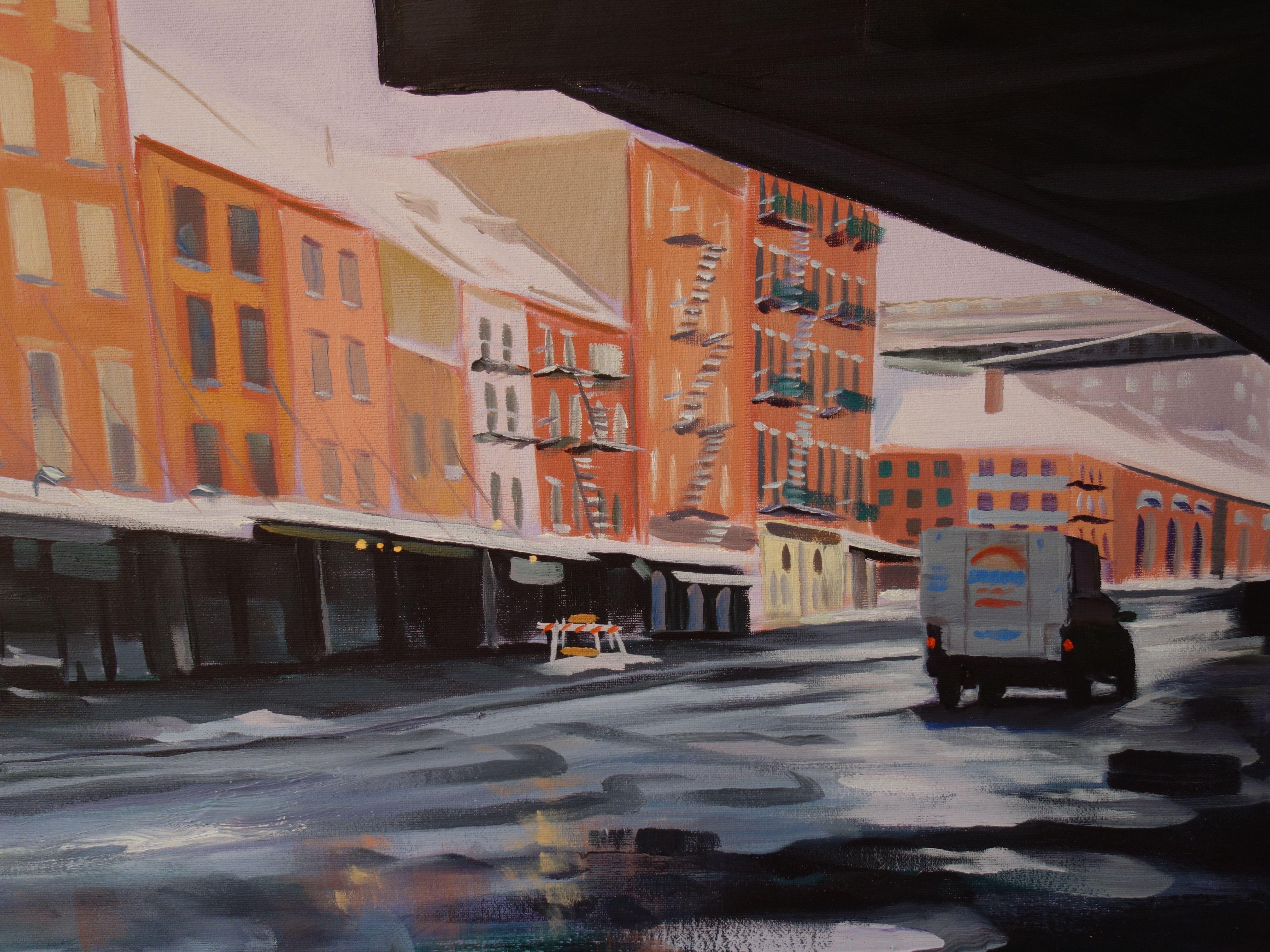 Una vista de South Street, en el bajo Manhattan, del Mercado de Pescado de Fulton en invierno, justo antes de que cerrara y trasladara sus operaciones al Bronx. Uno de los últimos mercados de pescado al aire libre, un pedazo de historia