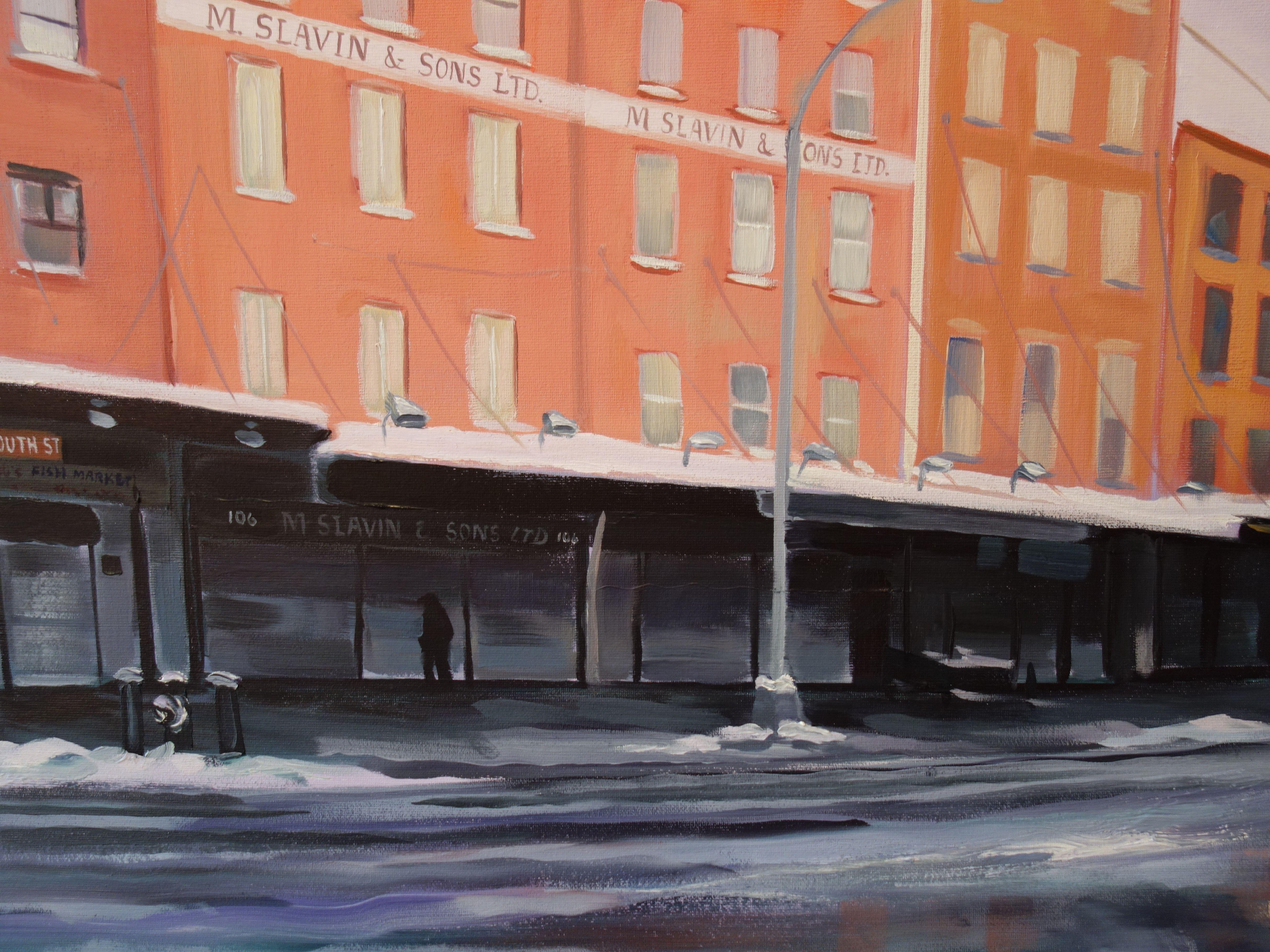 Winter, Fulton Fish Market, Painting, Oil on Canvas For Sale 2