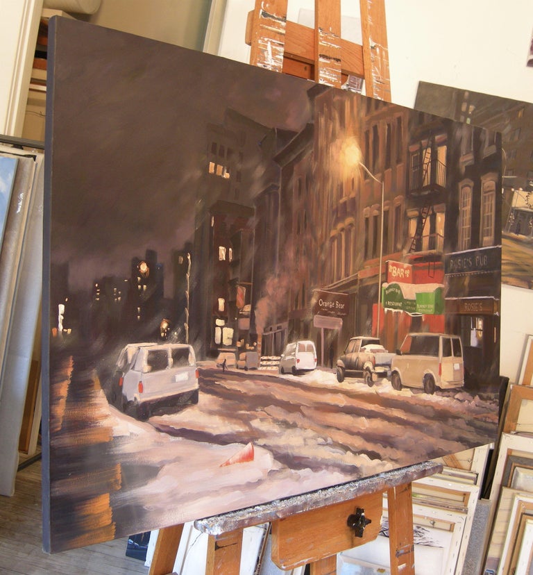 Winter Night, Murray St, Painting, Oil on Canvas For Sale 1