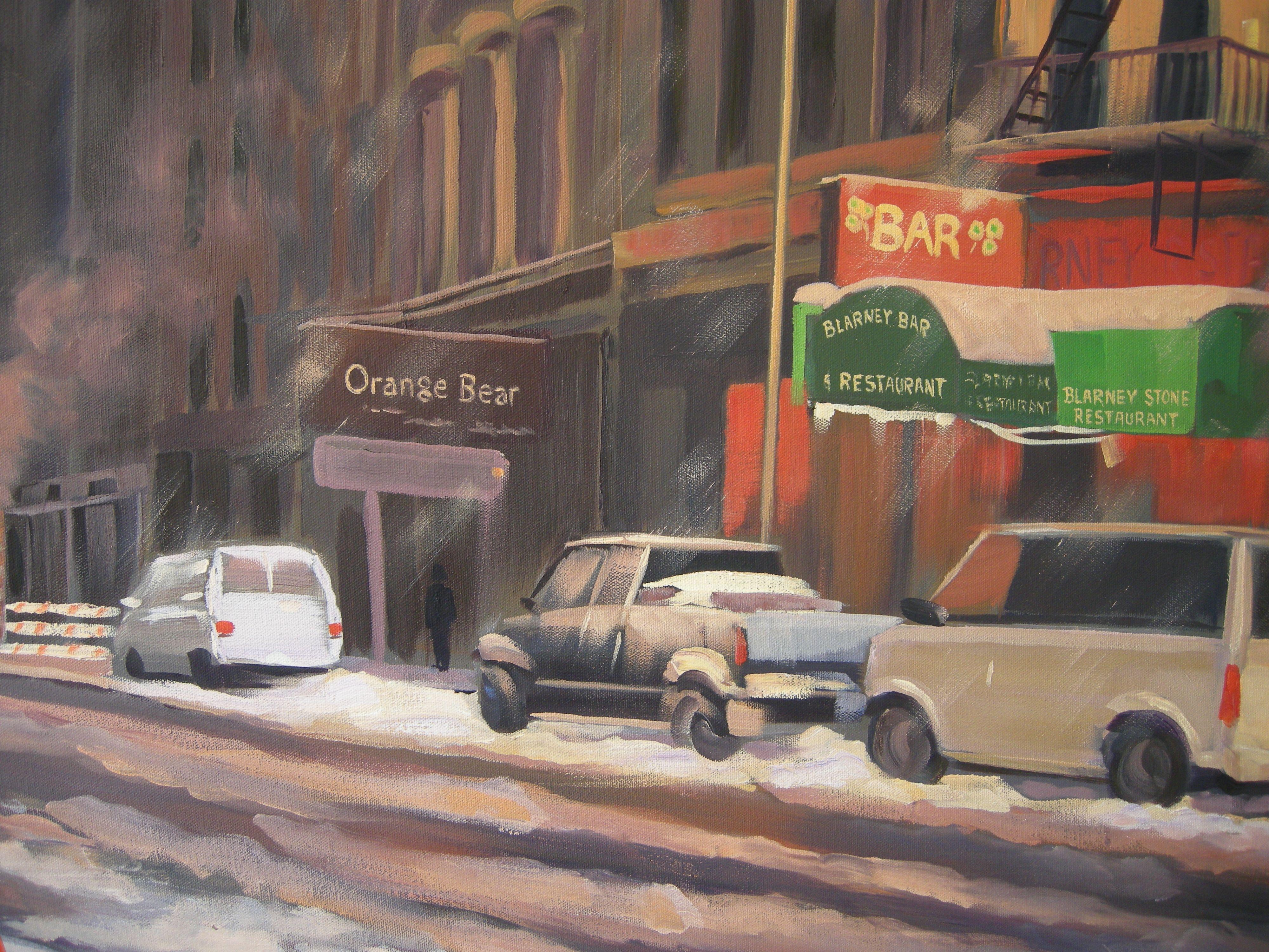 A moody winter's night on Murray St in lower Manhattan in Tribeca. The night sky, snow showers, colorful bar signs, window lights and street lights all combine to create a cold slushy chilly scene, offset by the promise of warmth within! Although