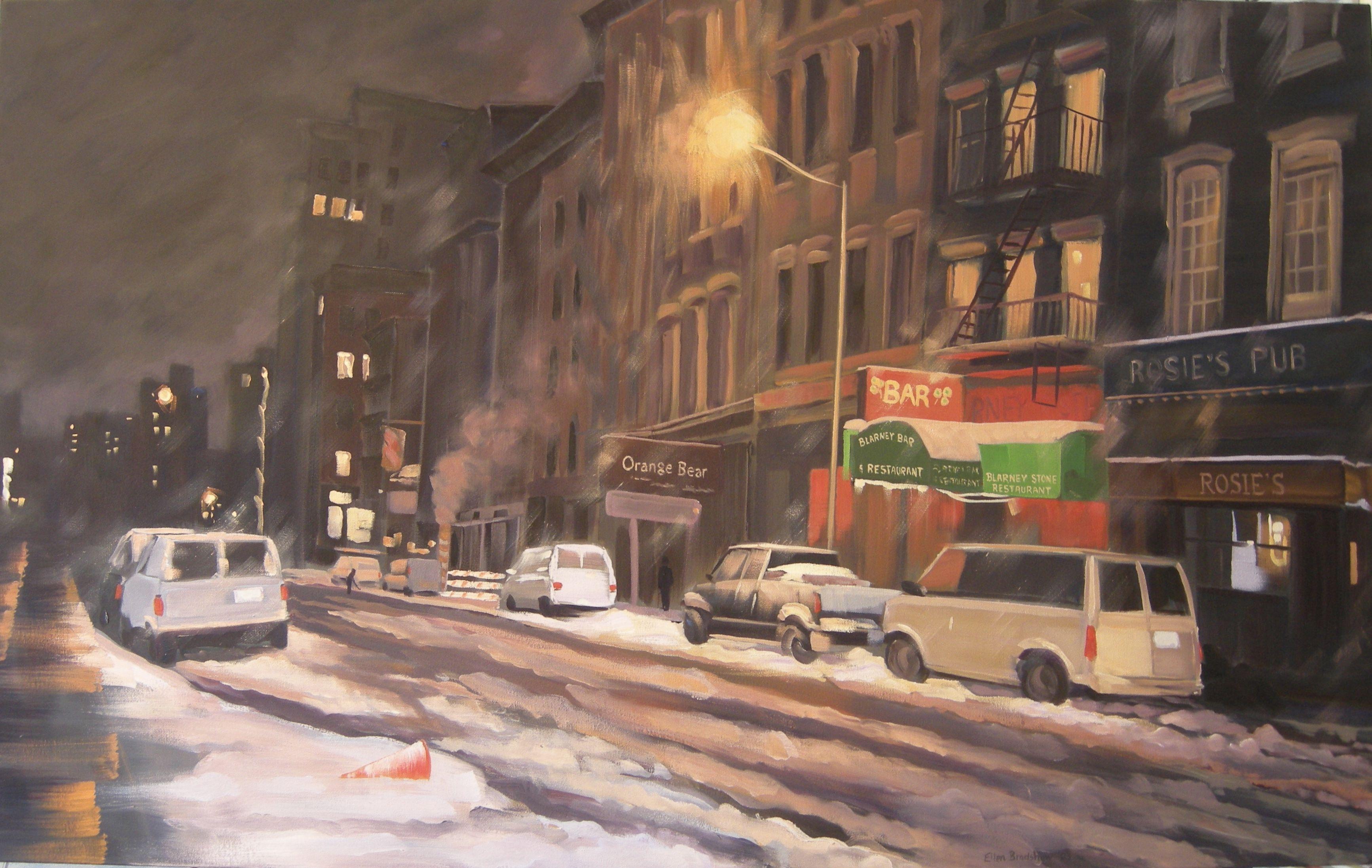 A. Winter Night, Murray St, Pittura, Olio su tela - Painting di Ellen Bradshaw