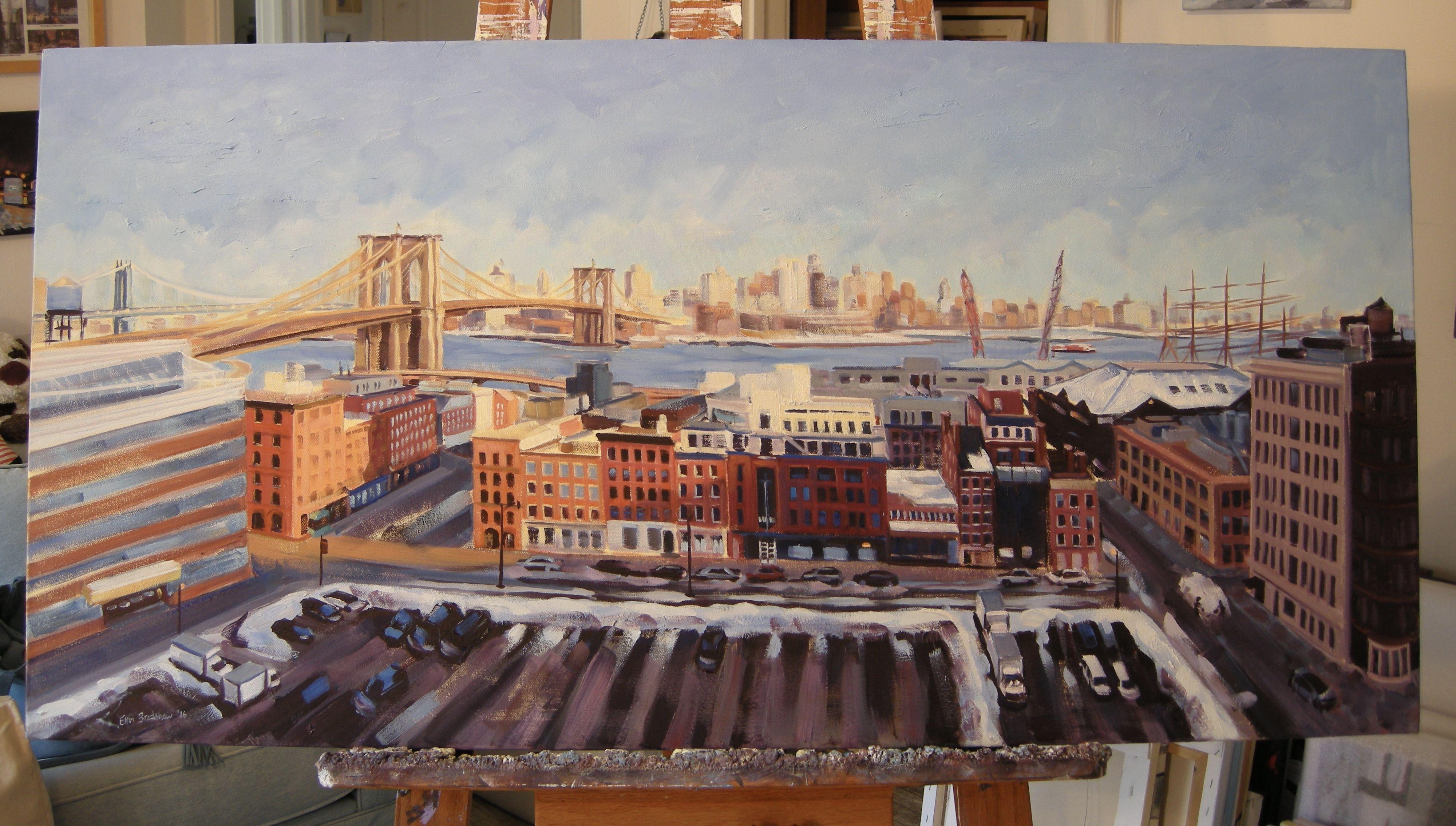 A sweeping view over the South Street Seaport in lower Manhattan from the balcony, encompassing the Brooklyn and Manhattan Bridges and beyond to Brooklyn. :: Painting :: Realism :: This piece comes with an official certificate of authenticity signed
