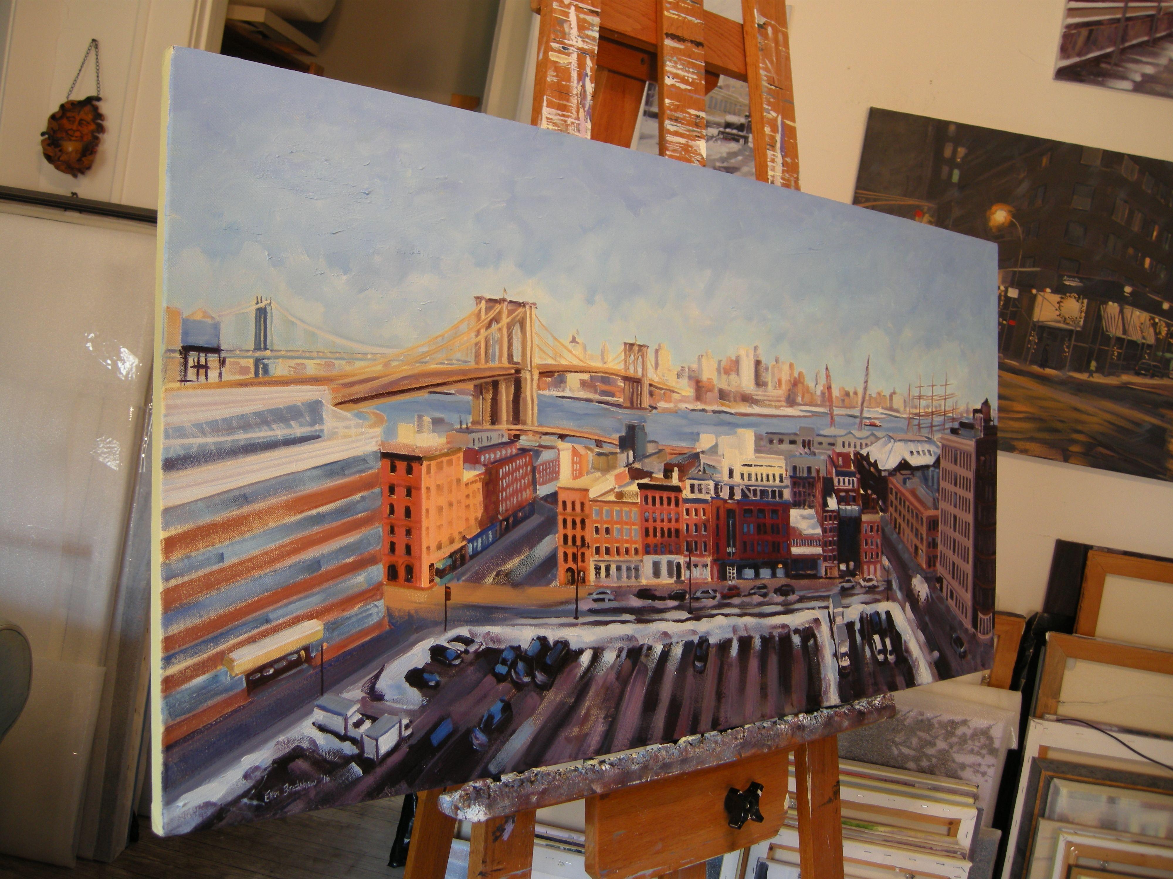 Winter View over South Street Seaport, Painting, Oil on Canvas For Sale 1
