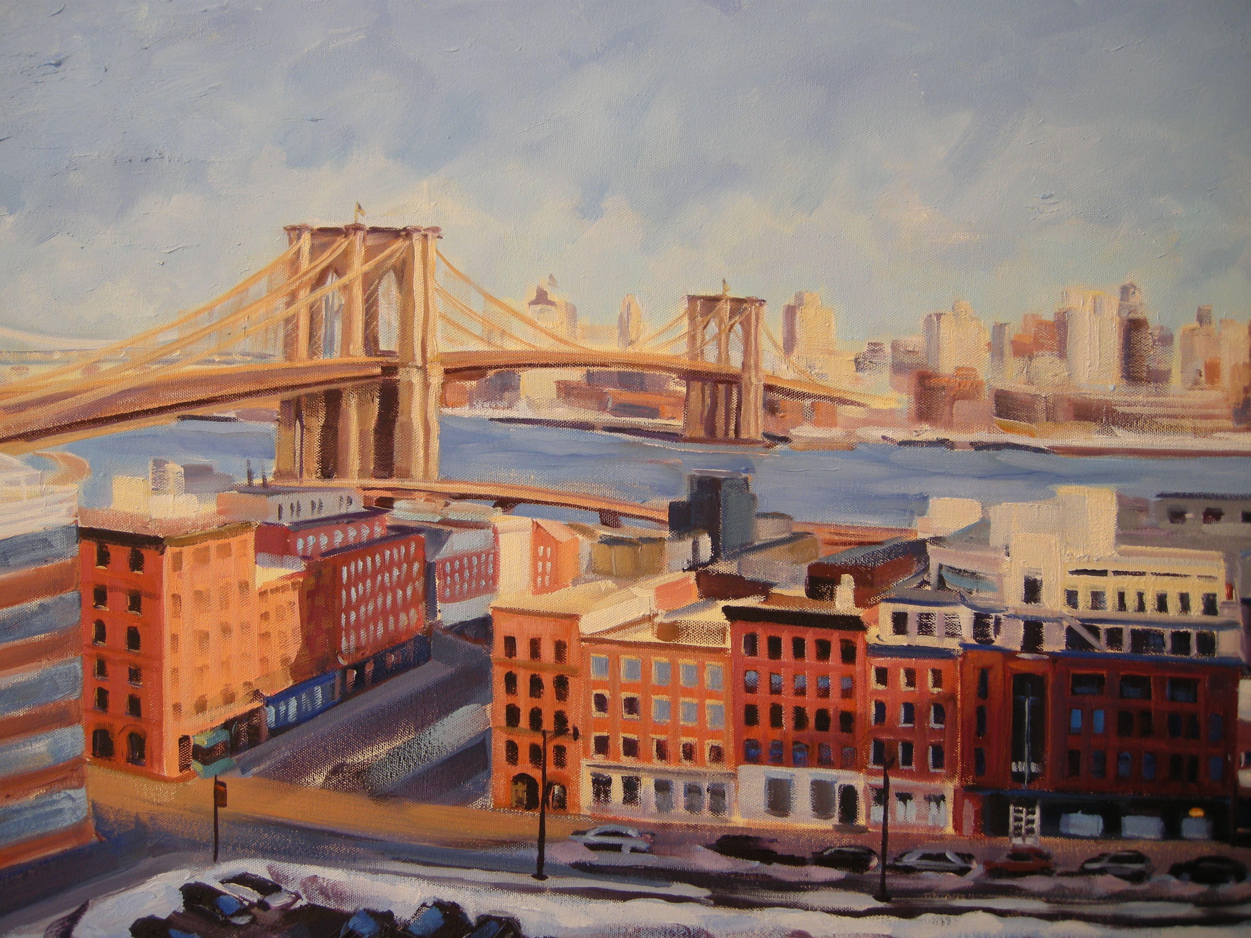 Winter View over South Street Seaport, Painting, Oil on Canvas For Sale 2