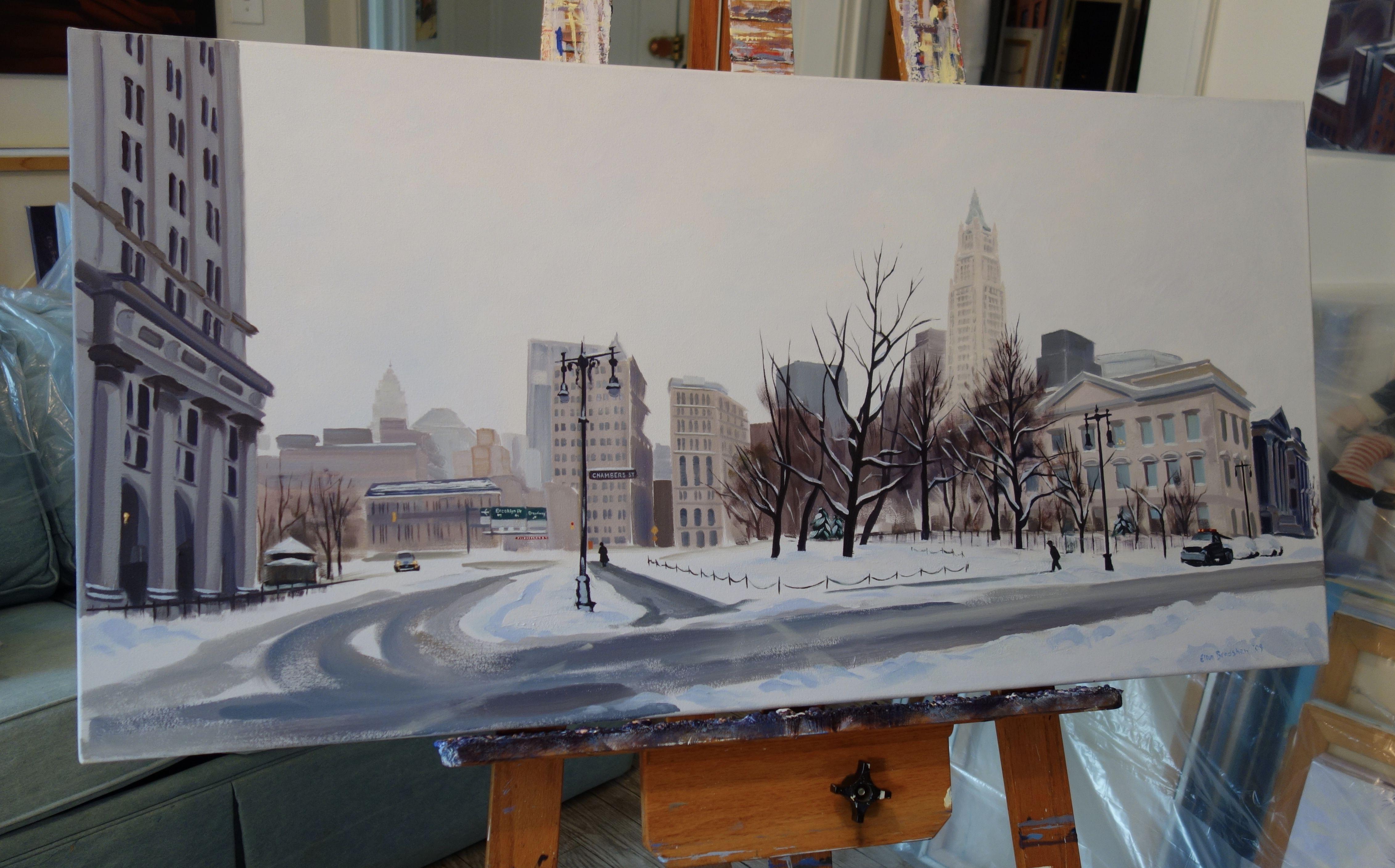 Winter's Stillness, Centre & Chambers St, Painting, Oil on Canvas For Sale 1