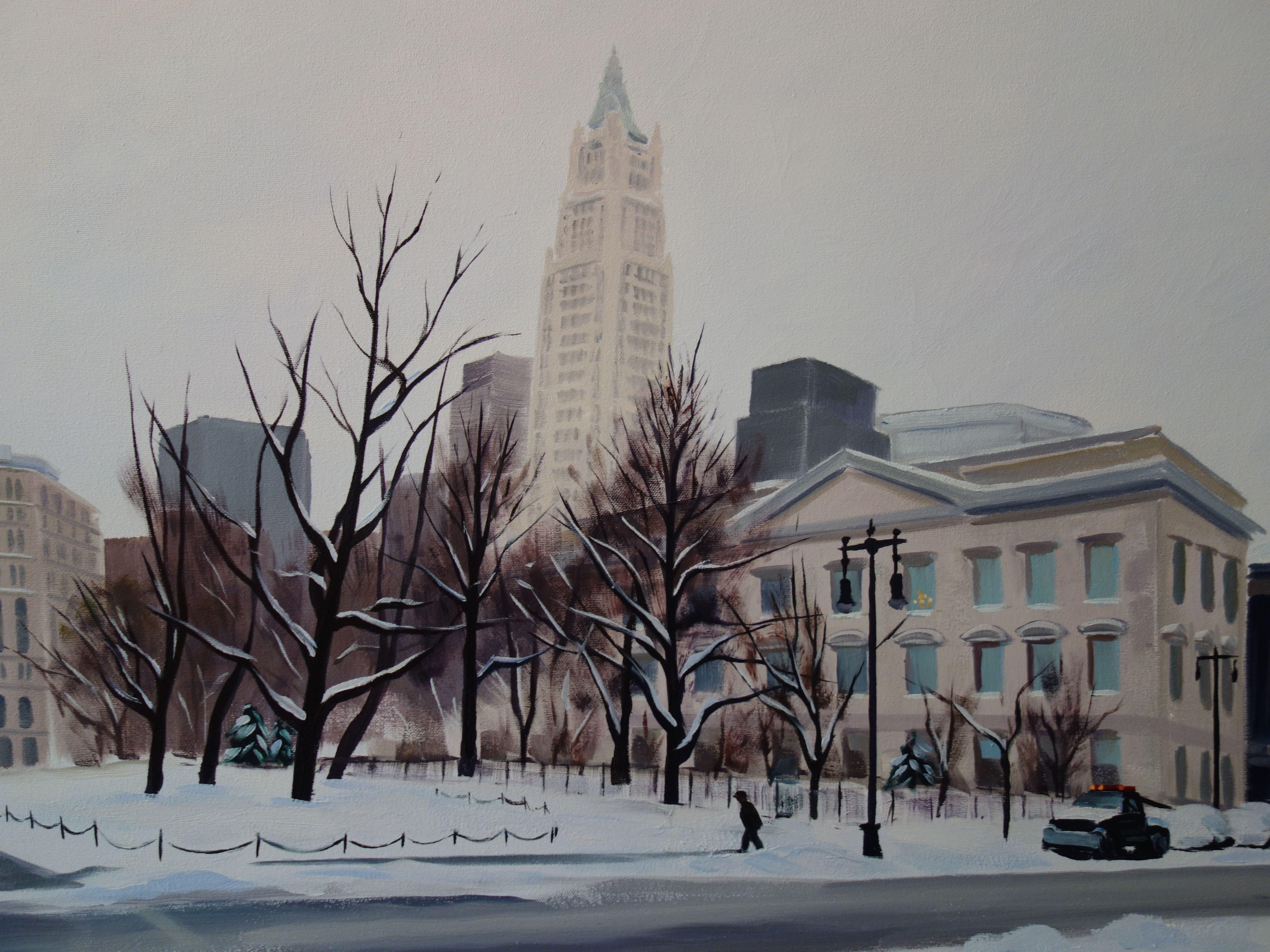 Winter's Stillness, Centre & Chambers St, Painting, Oil on Canvas For Sale 2
