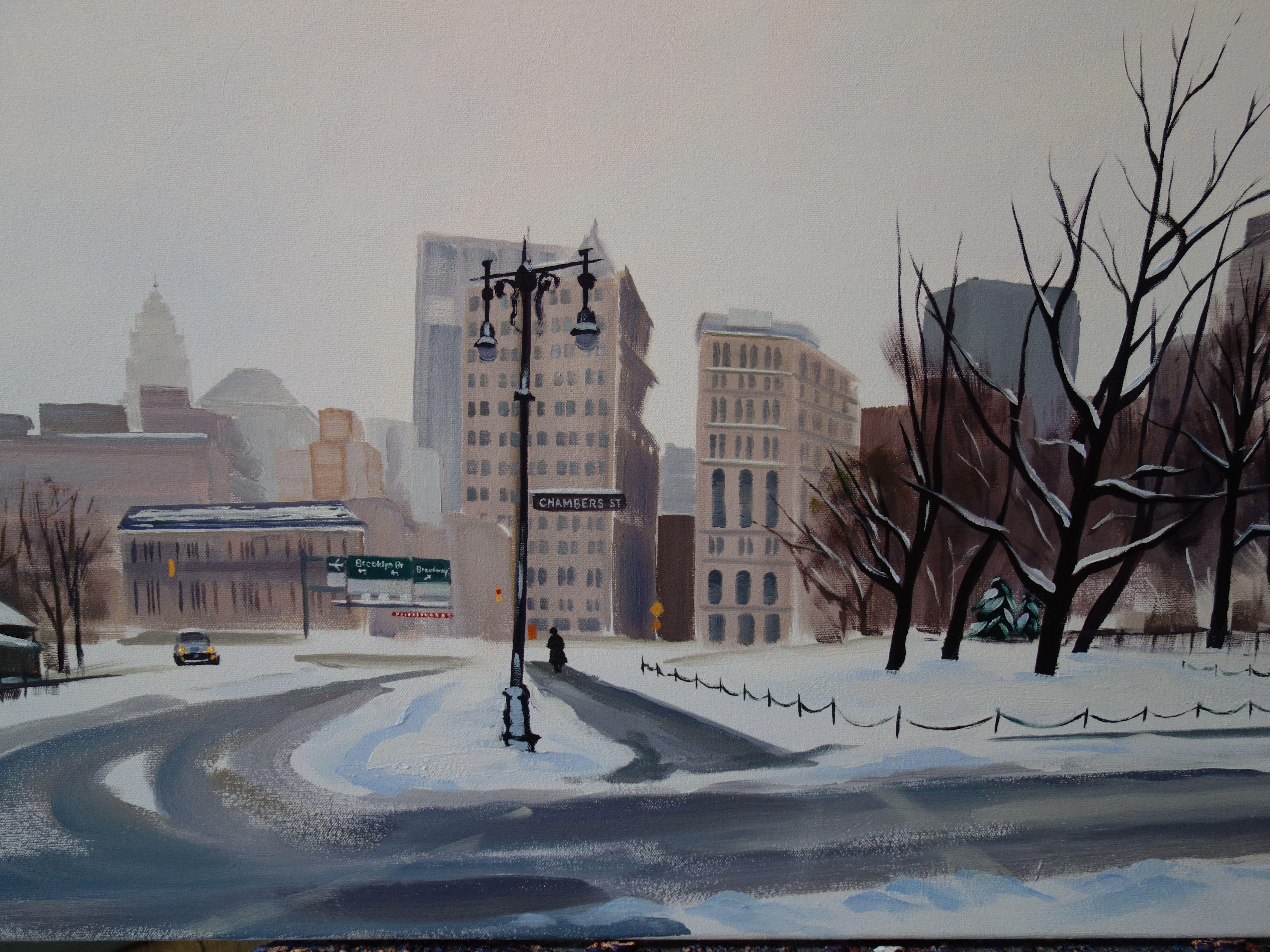 Winter's Stillness, Centre & Chambers St, Painting, Oil on Canvas For Sale 3
