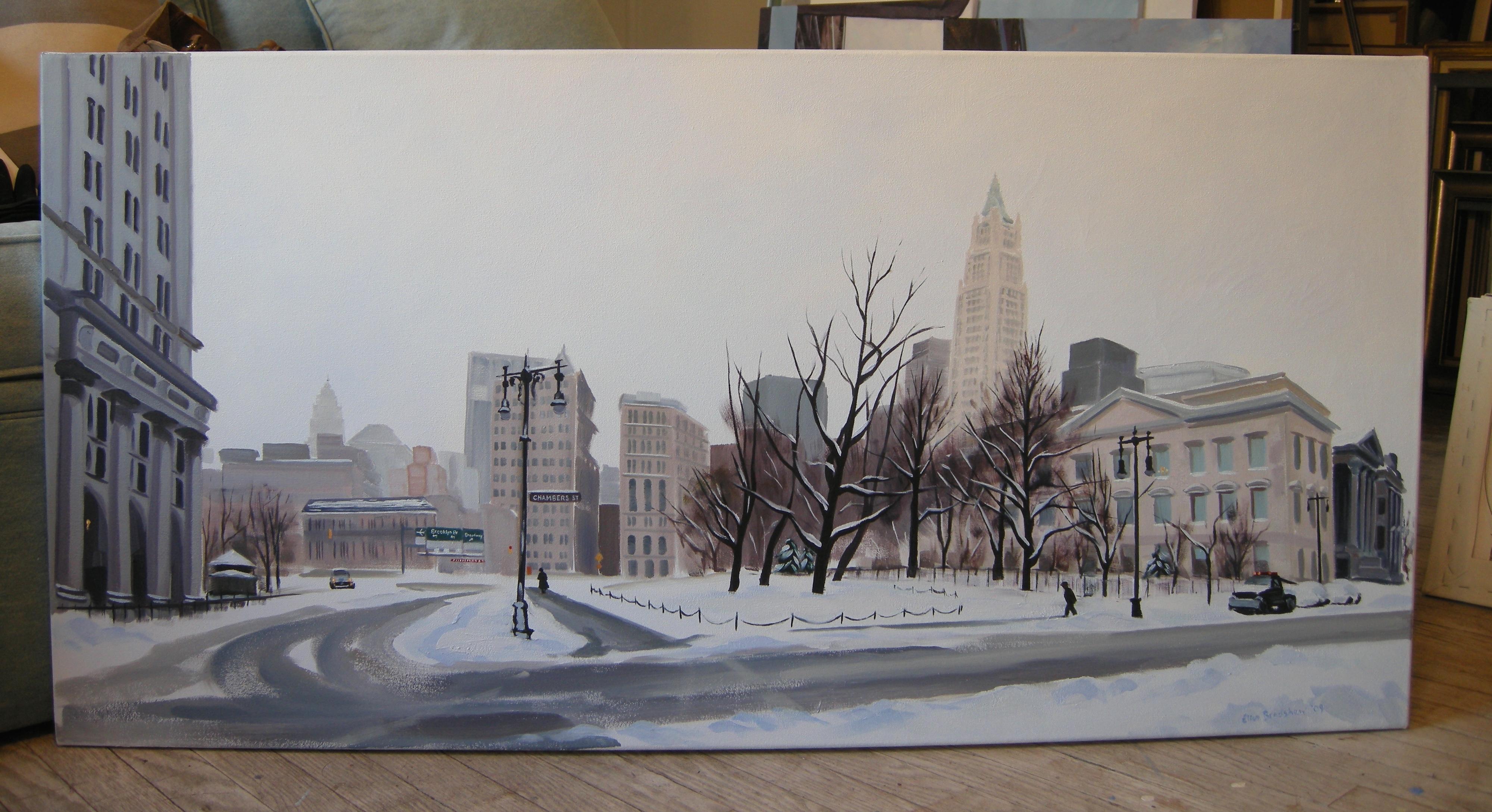 Winter's Stillness, Centre & Chambers St, Painting, Oil on Canvas For Sale 4