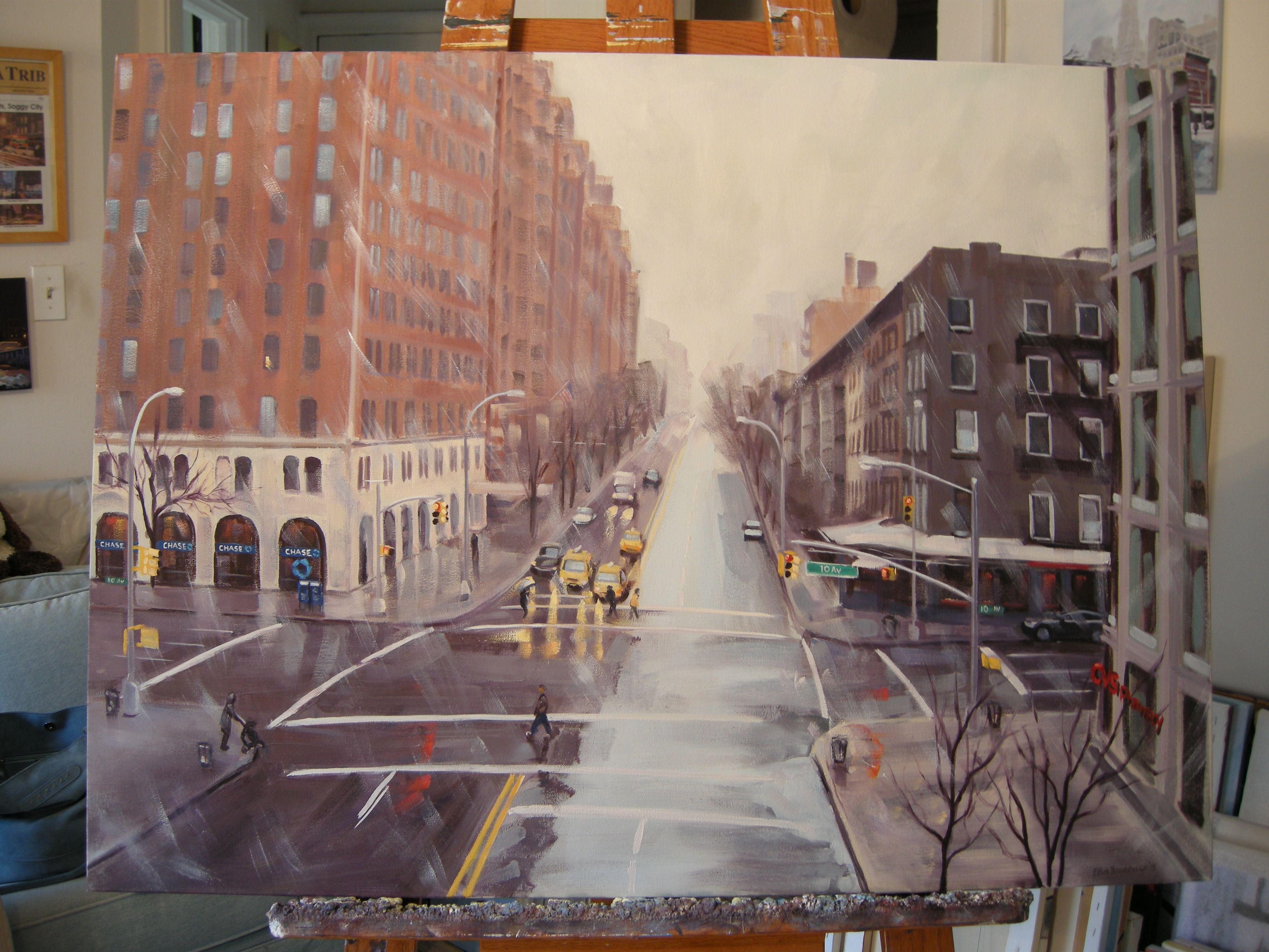 Incrocio invernale, 10th Ave & 23rd St, Quadro, Olio su tela - Painting Realismo di Ellen Bradshaw