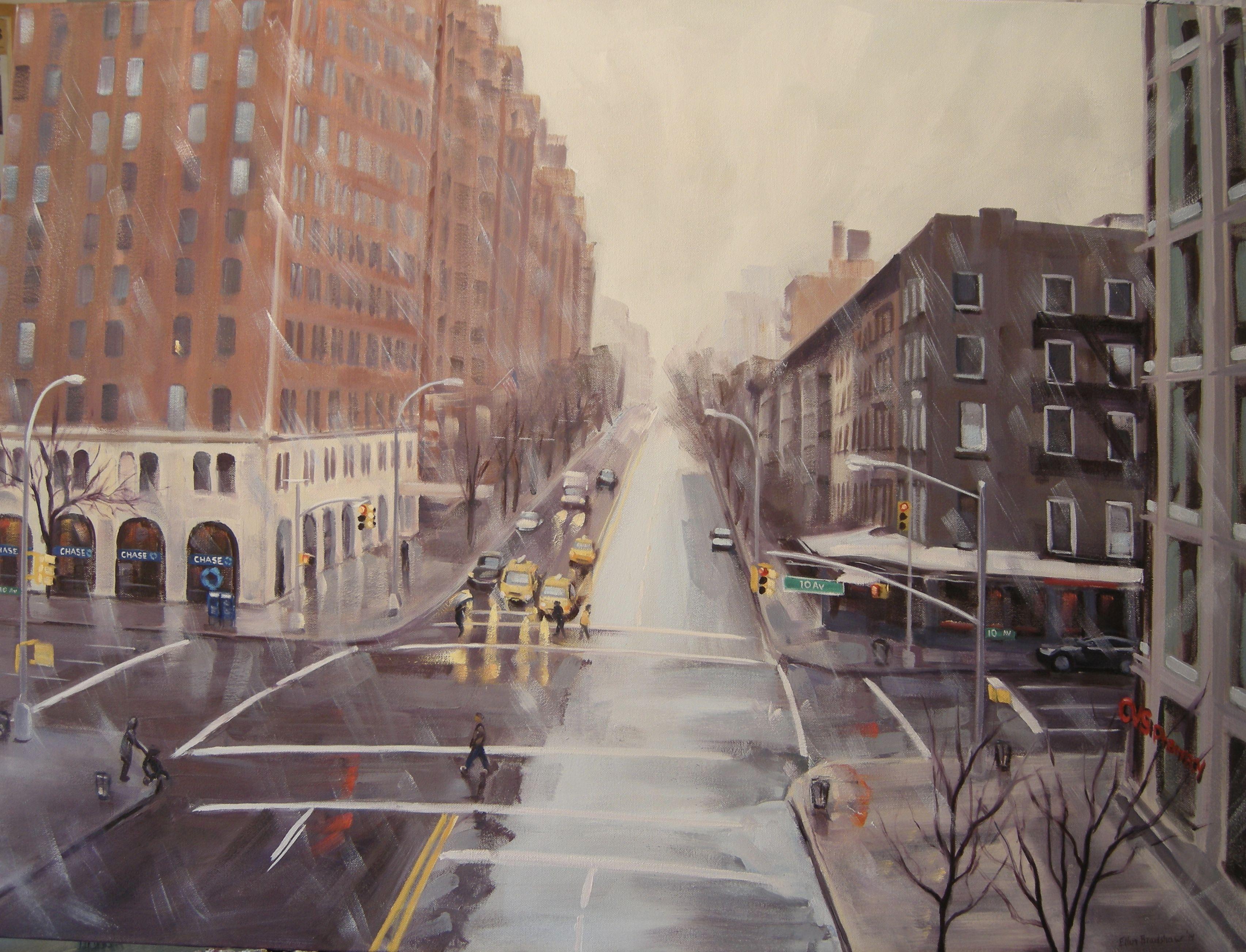Wintry Crossroad, 10th Ave & 23rd St, Painting, Oil on Canvas For Sale 1