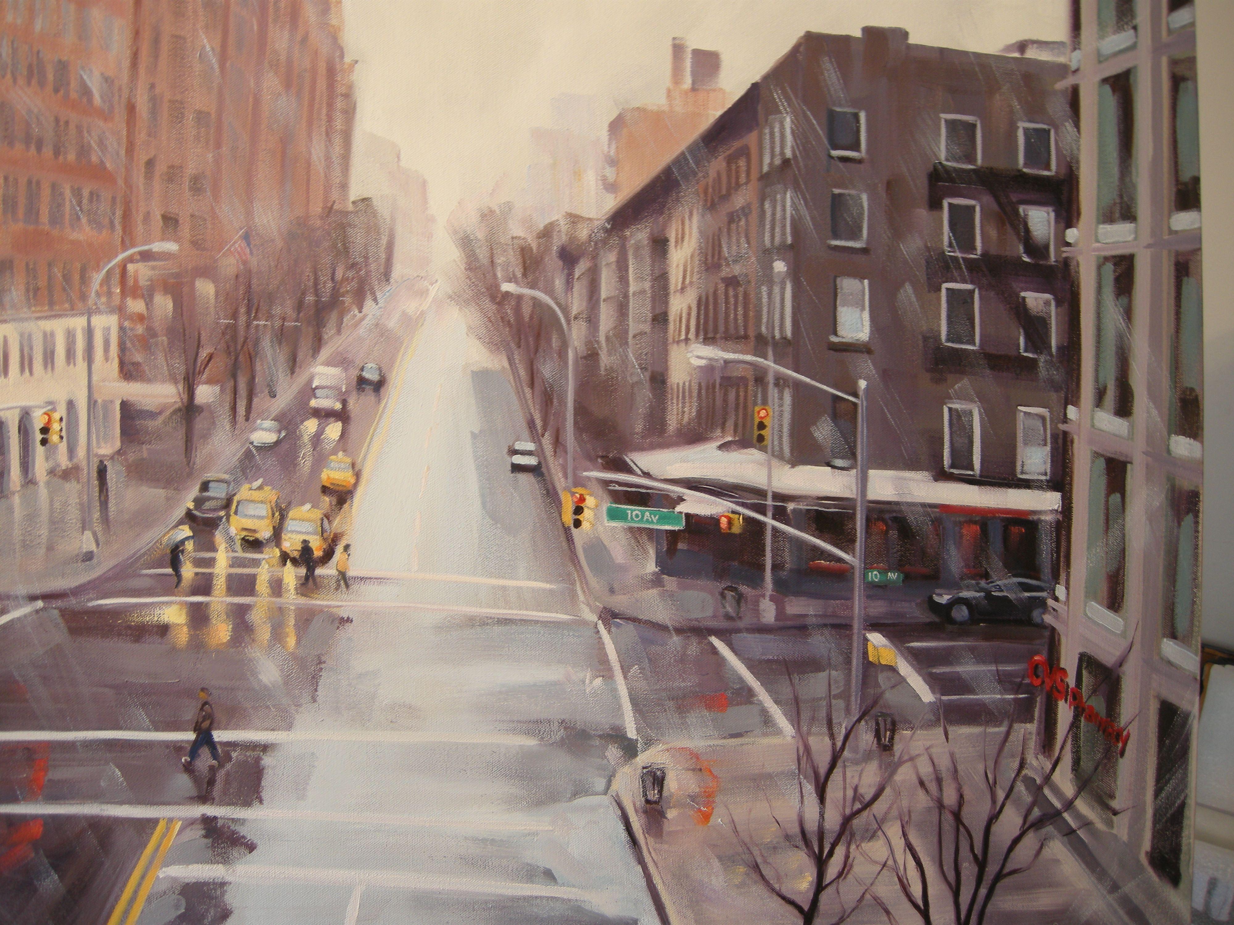 Wintry Crossroad, 10th Ave & 23rd St, Painting, Oil on Canvas For Sale 2