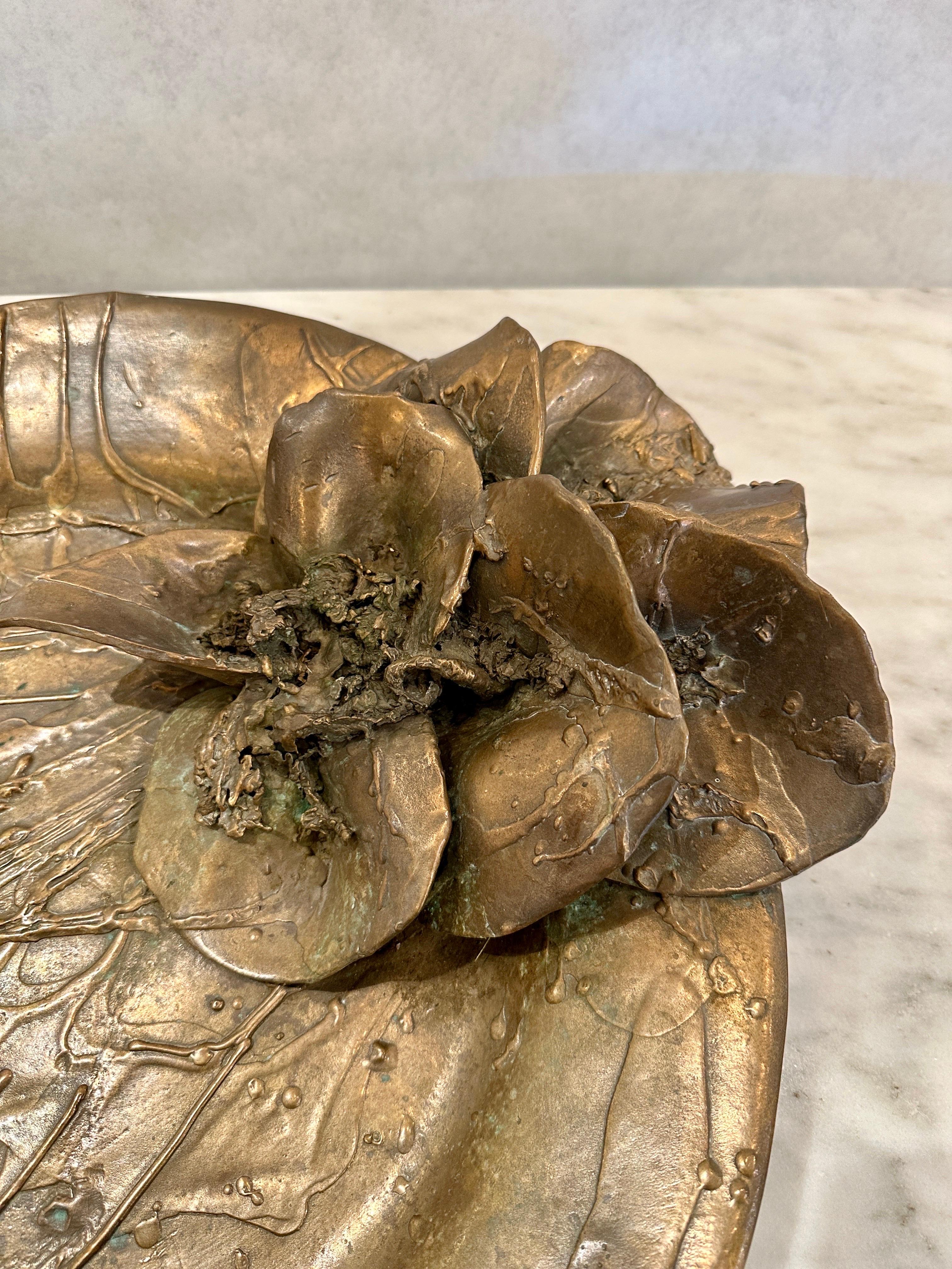 American Ellen Brenner Bronze Sculptural Platter w/ Bronze Orchid Adornments (Signed) For Sale