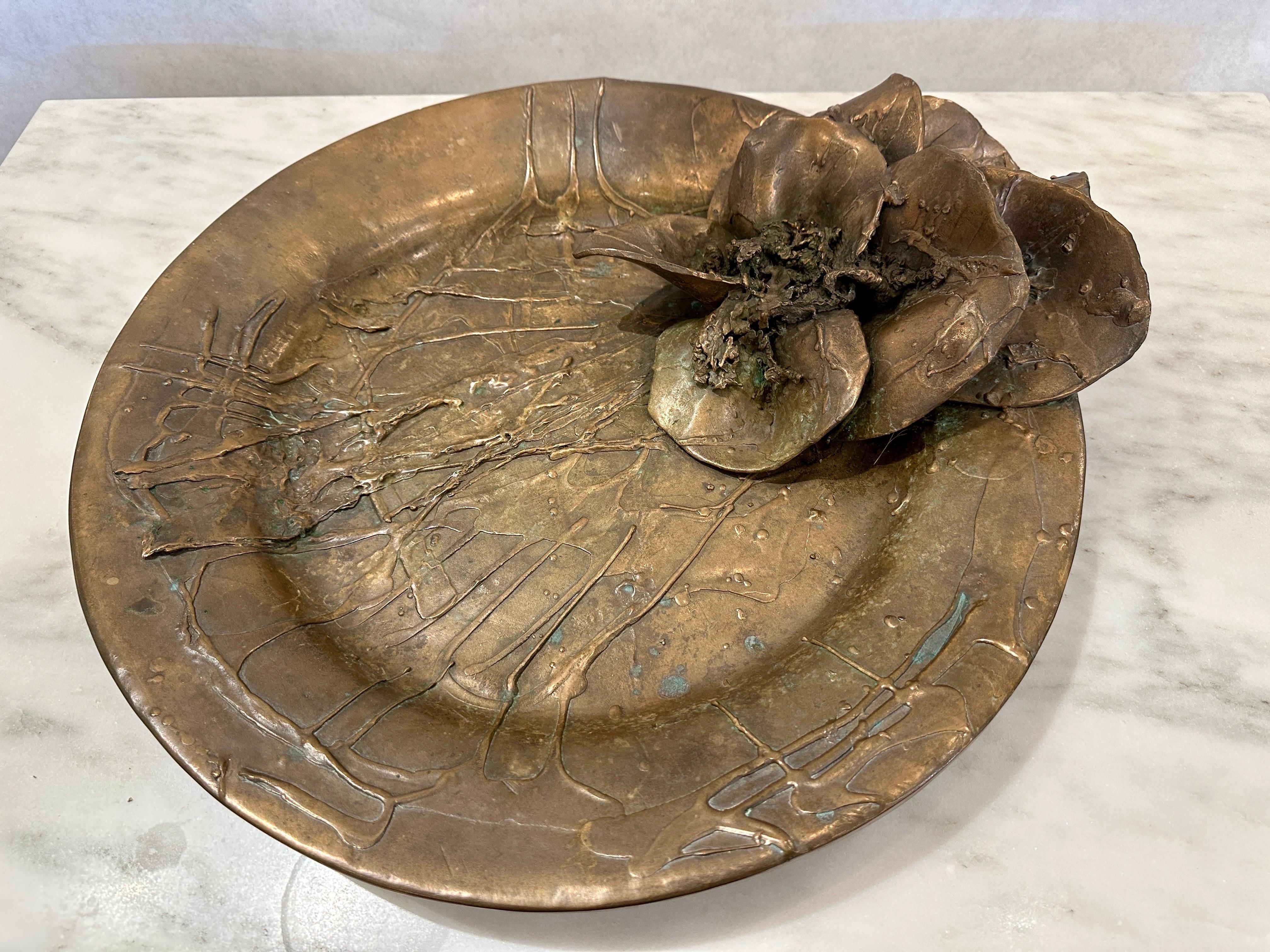Ellen Brenner Bronze Sculptural Platter w/ Bronze Orchid Adornments (Signed) In Good Condition For Sale In East Hampton, NY