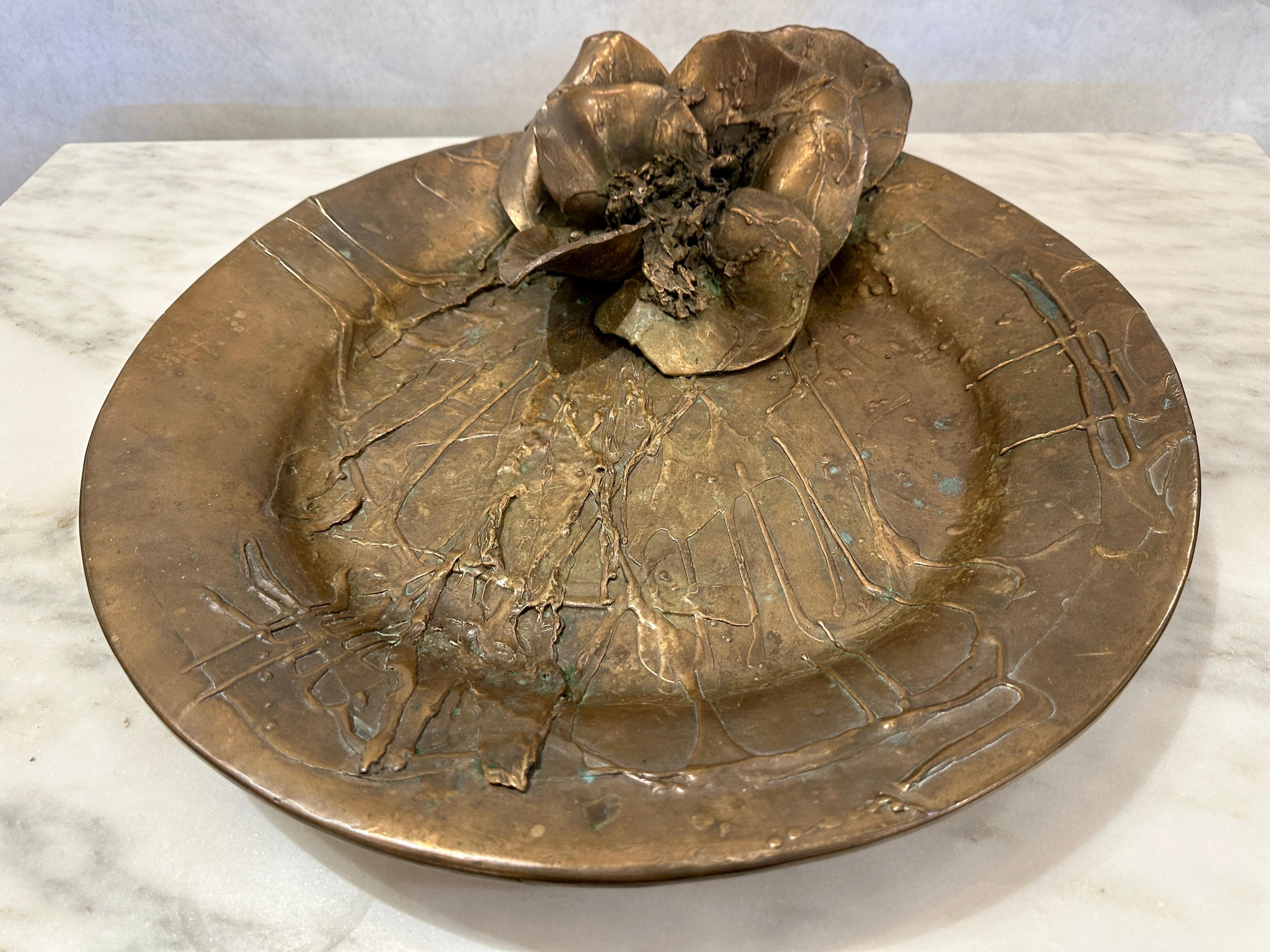 Ellen Brenner Bronze Sculptural Platter w/ Bronze Orchid Adornments (Signed) For Sale 2