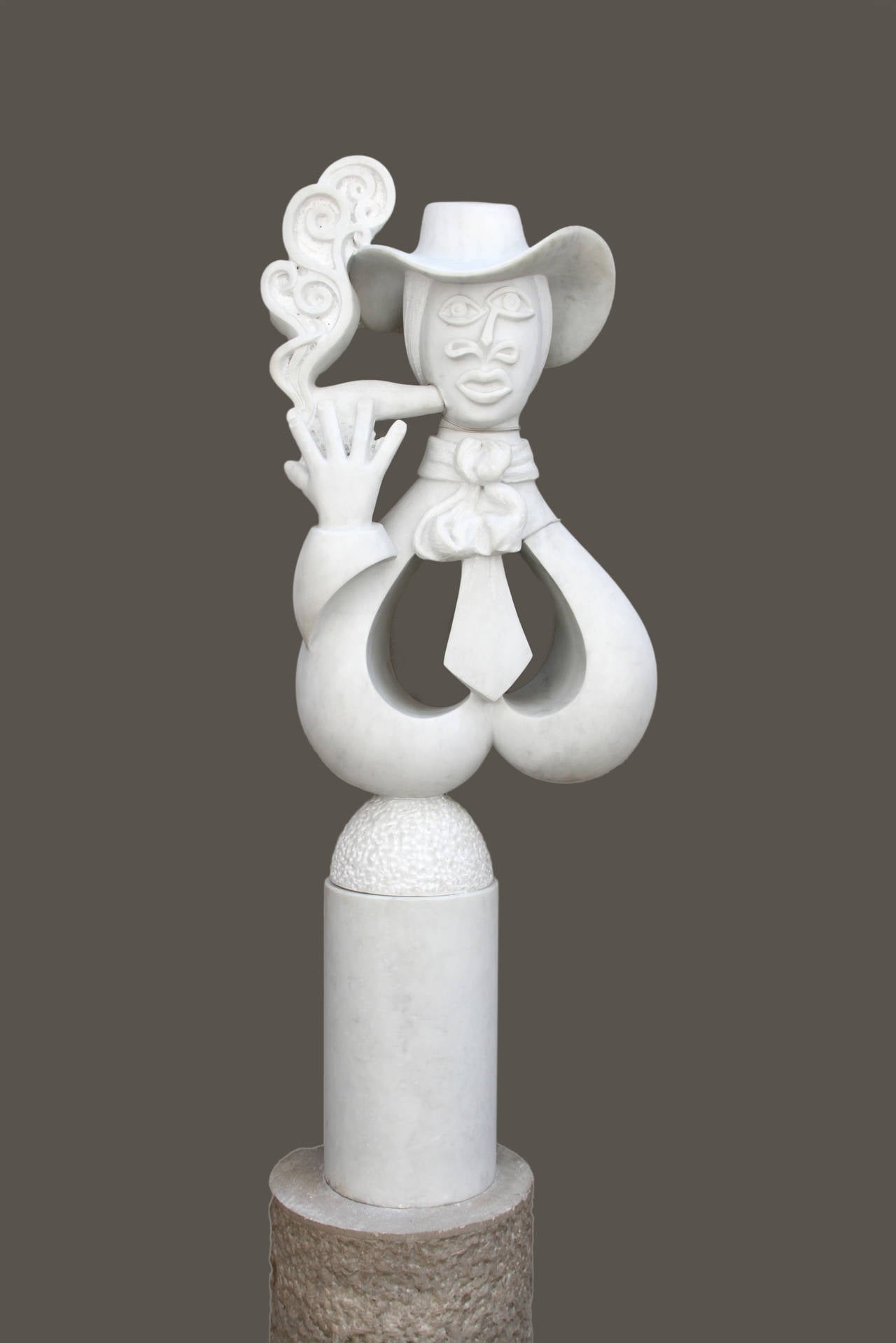 Ellen Brenner-Sorensen Figurative Sculpture - Man Smoking Cigar, Indoor/Outdoor Marble Sculpture
