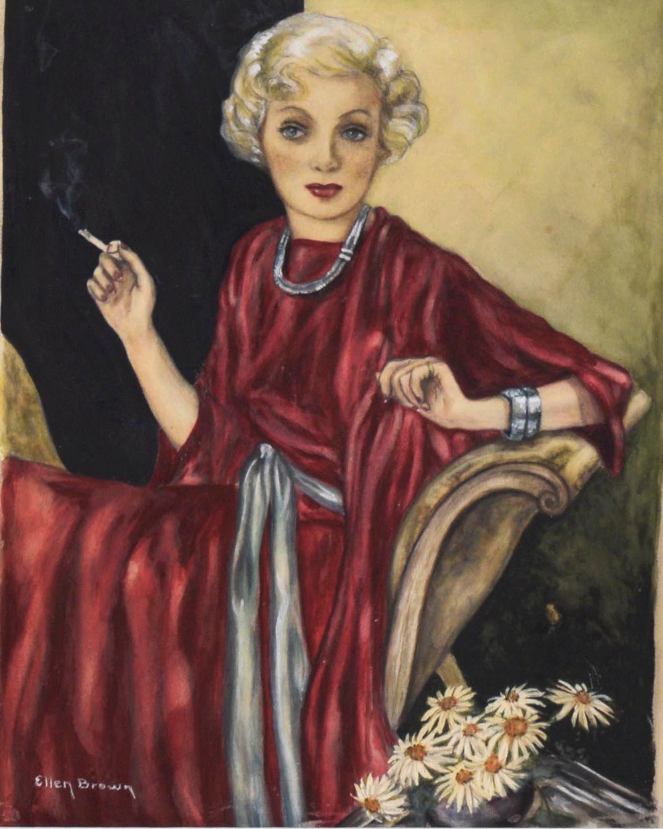 Portrait of Woman in Red Dress - Figurative Study

Watercolor and gouache figurative study of a woman in a red dress by Bay area artist (possibly) Ellen Brown circa 1930-50. The woman is poised, sitting on a brown lounge chair, a cigarette is lit in