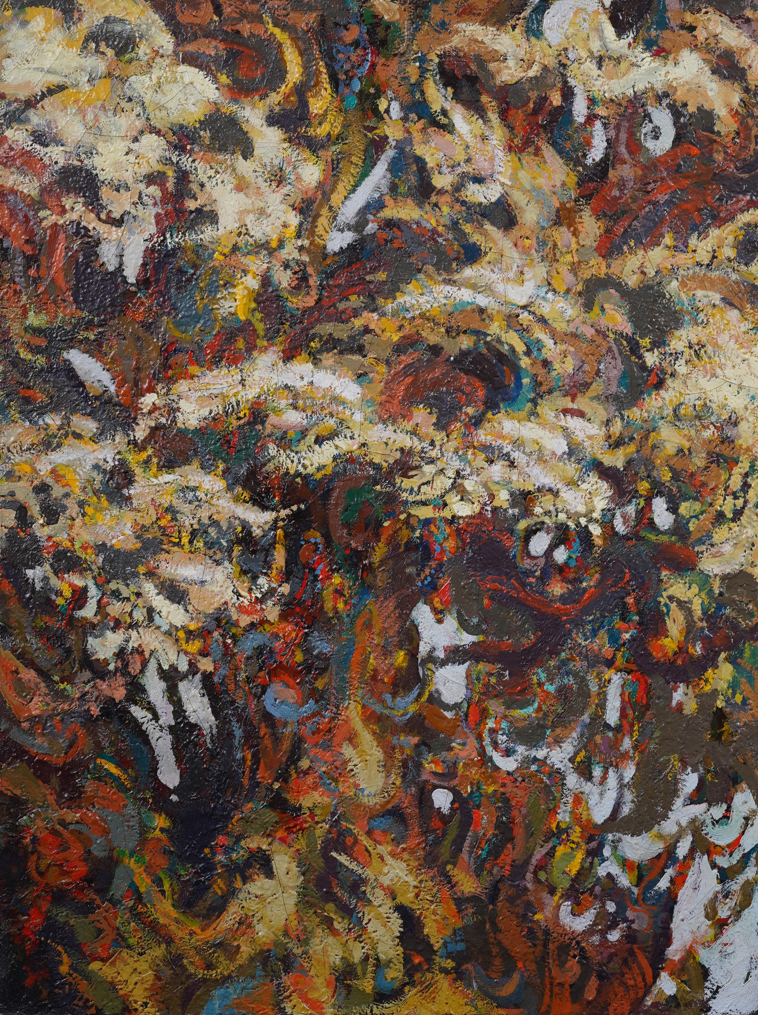 Impressive early American modernist abstract landscape painting by Ellen Chisholm Sinclair (Born 1907). Oil on canvas.  Framed.  Signed verso.  Image size, 24 by 32 inches.  