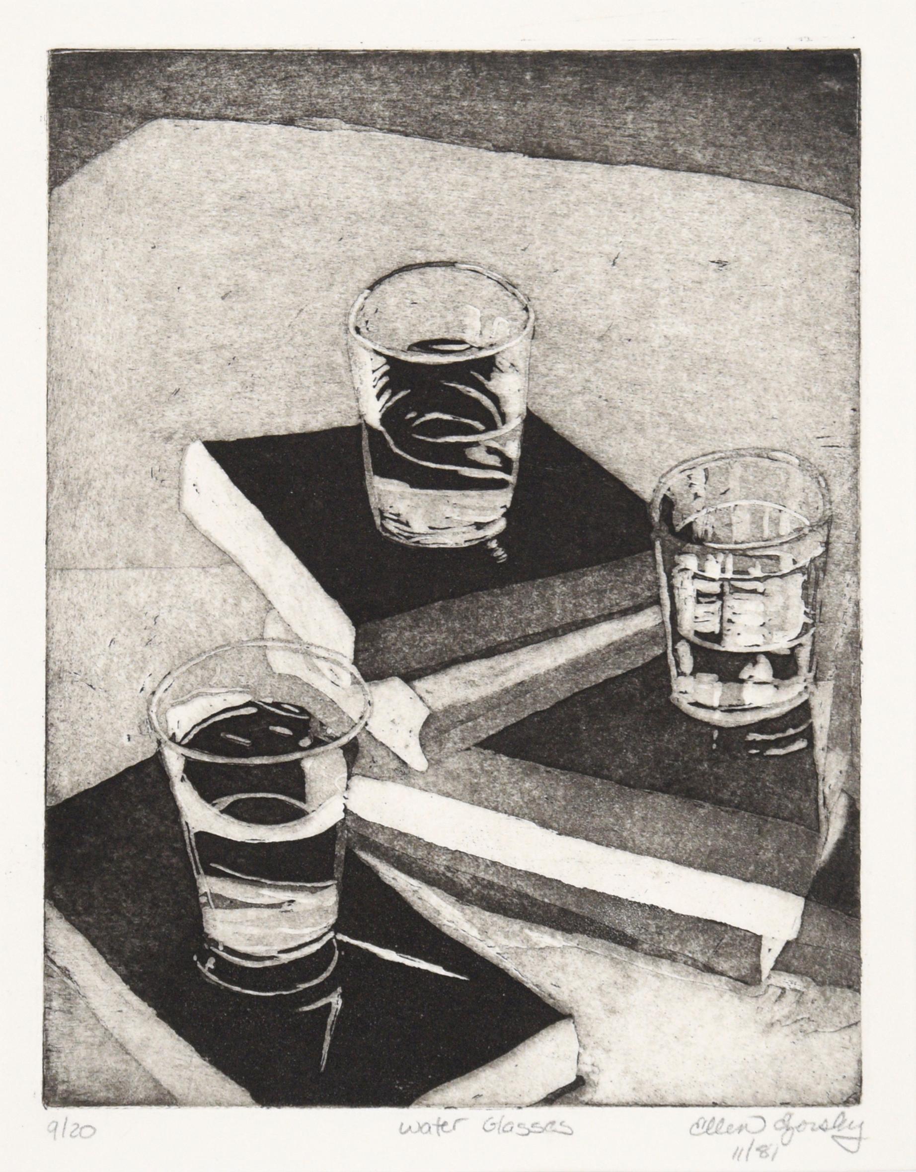  Verres  l'eau  - Nature morte eau-forte  l'encre sur papier (n9/20) - Print de Ellen Ezorsky