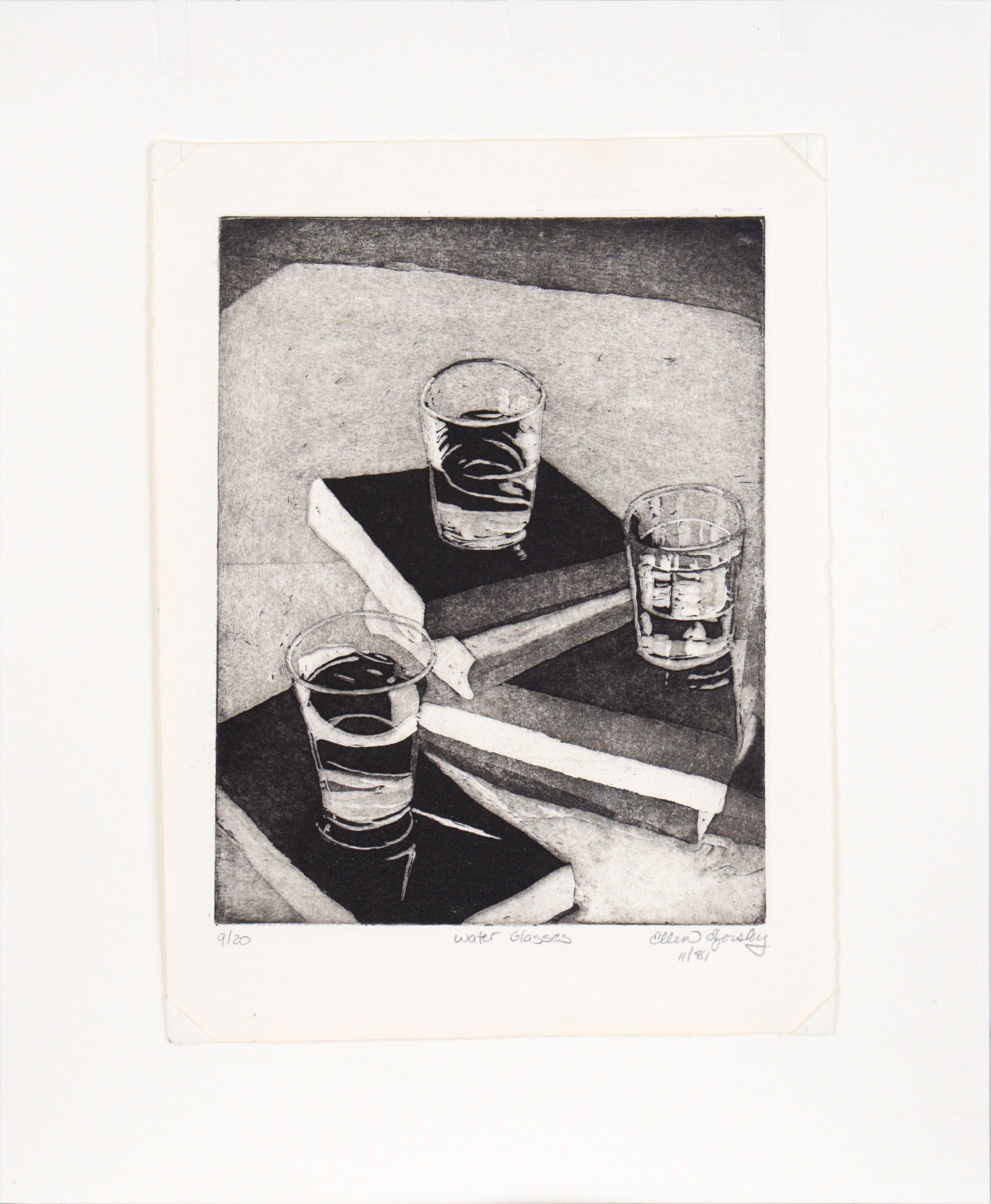 Clean, modern depiction of glasses of water on books by Ellen Ezorsky (American, b. 1956). Three glasses of water are sitting atop a few stacked books. While this piece is executed in black and white, Ezorsky has achieved a wide tonal range between