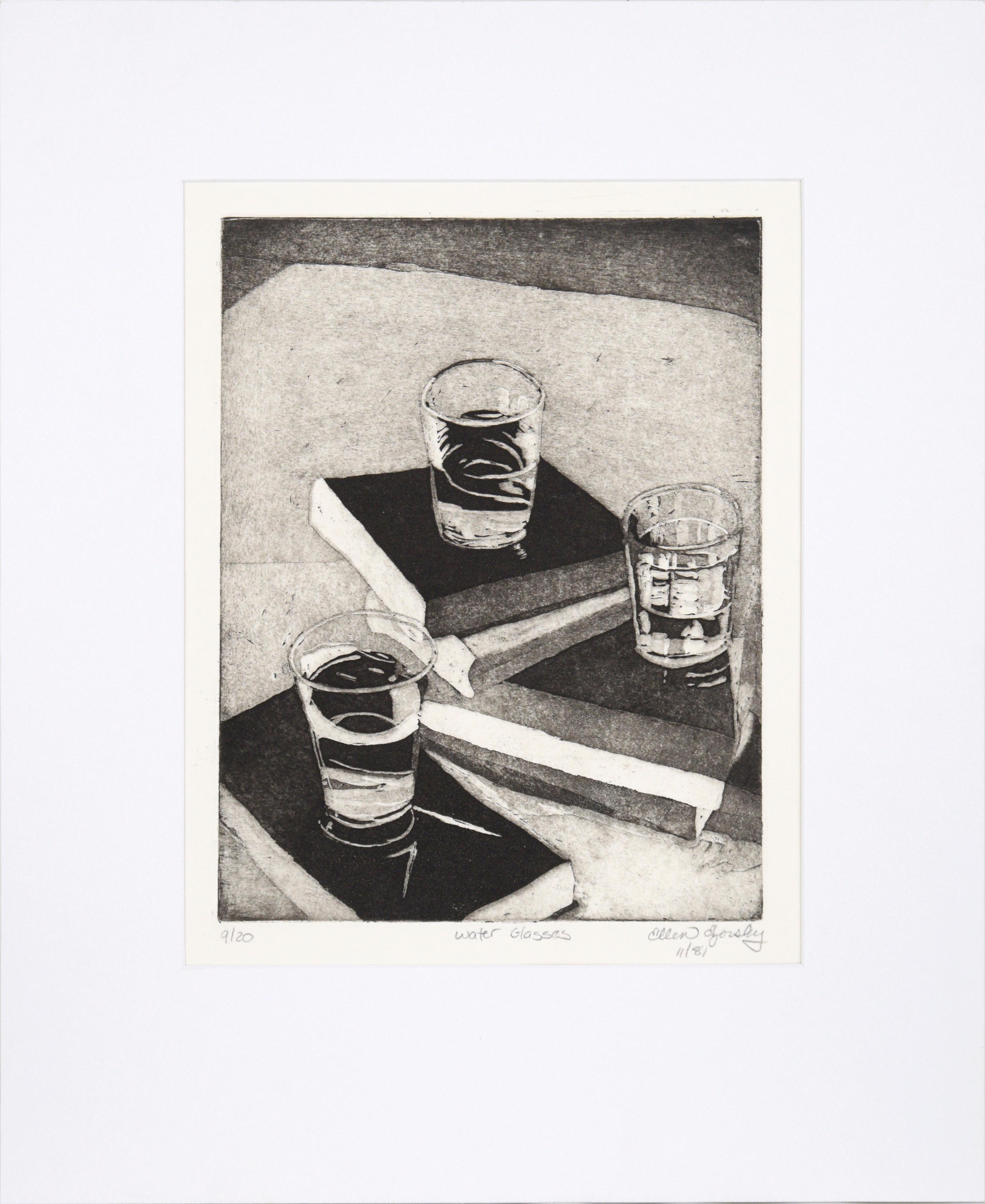 Ellen Ezorsky Interior Print - "Water Glasses" - Still Life Etching in Ink on Paper (#9/20)