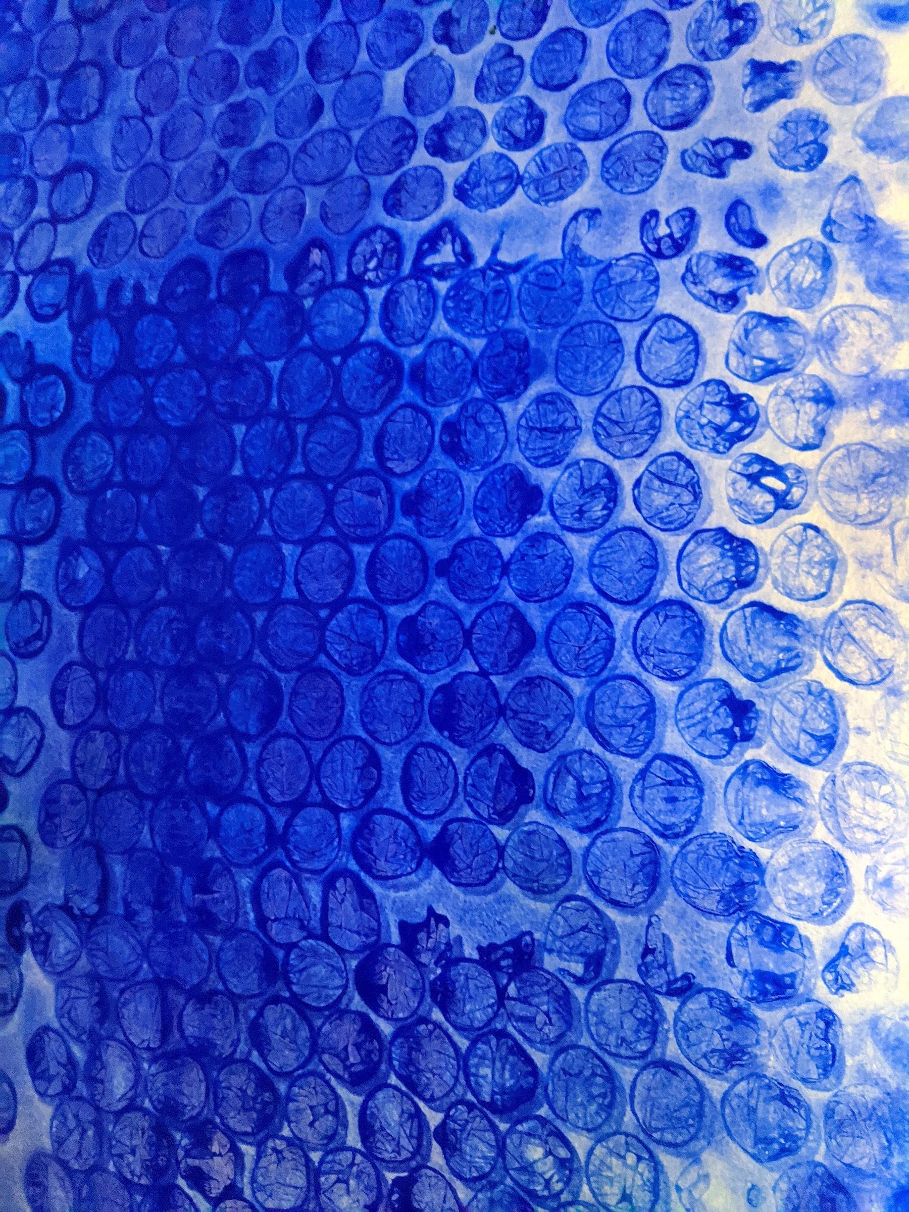Seeking the Sound of Cobalt Blue is a series of paintings on large sheets of rag paper that have been created since January of 2014. 

Using domestic construction materials from her garage, extras from home improvement projects or the garden, have