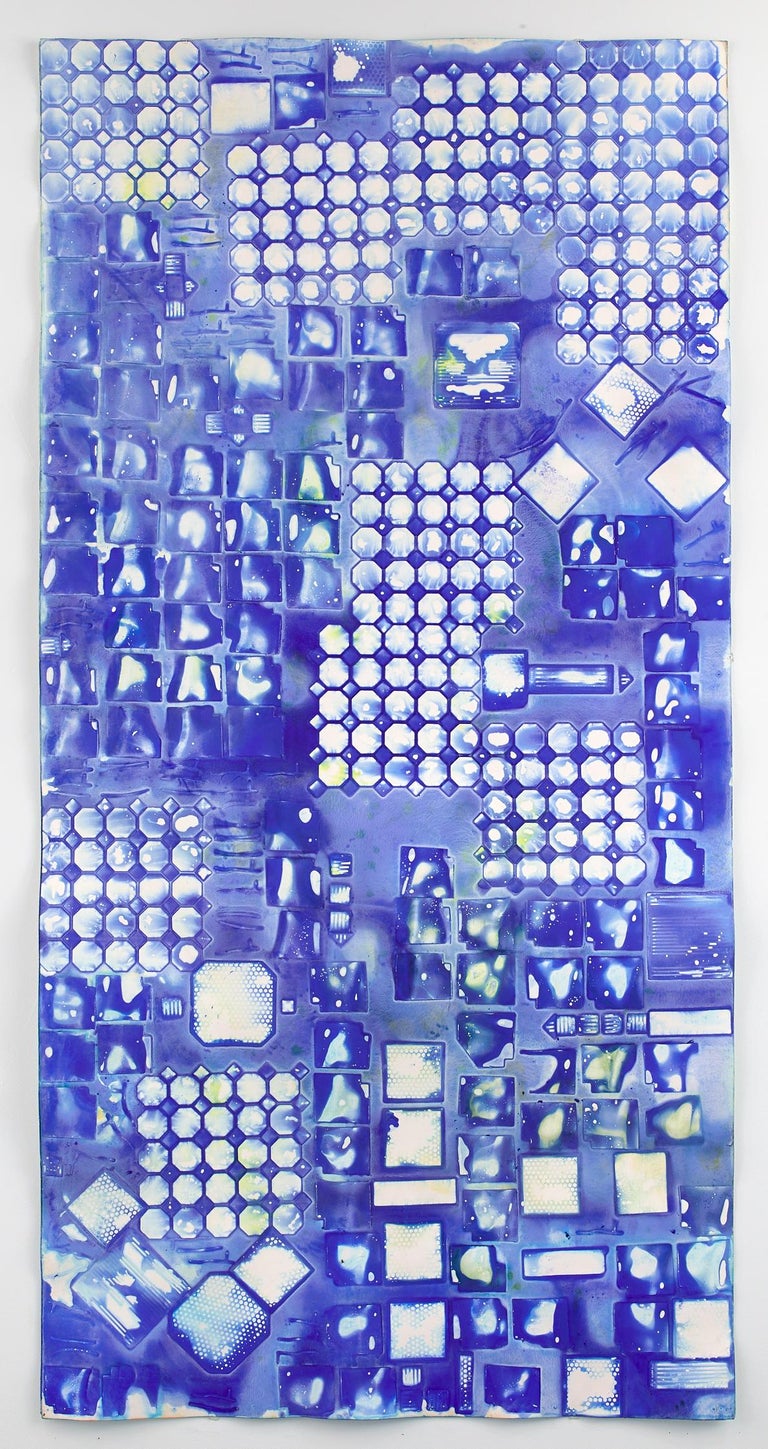 Seeking the Sound of Cobalt Blue is a series of larger paintings on 8 ply museum board and large sheets of rag paper that have been created since the winter of 2016. 

Using domestic construction materials from her garage, extras from home