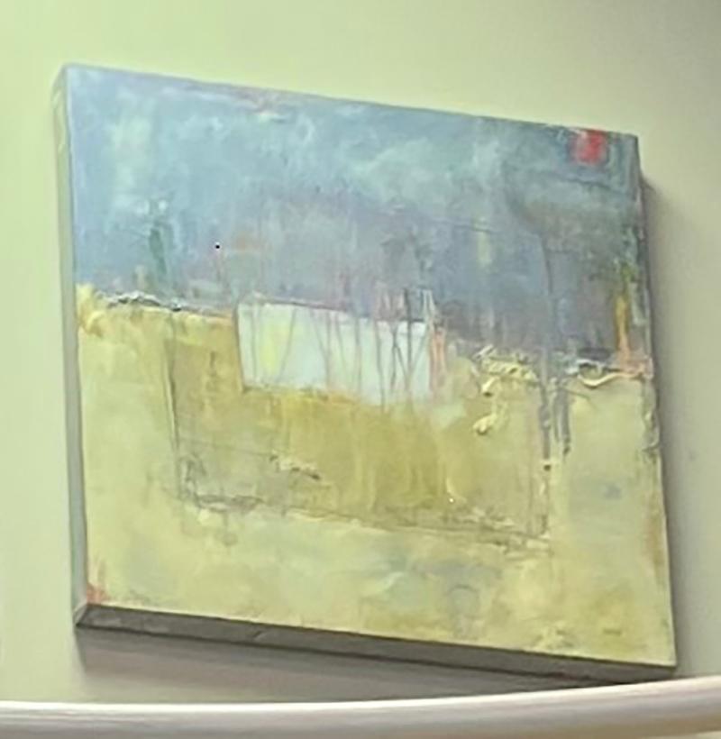 Gray & Yellow with White Triangle - Painting by Ellen Hallie Schiff