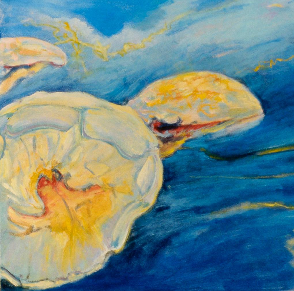 Adrift in the Current, huile sur toile, lumière et ombre, paysage sous-marin - Painting de Ellen Hart