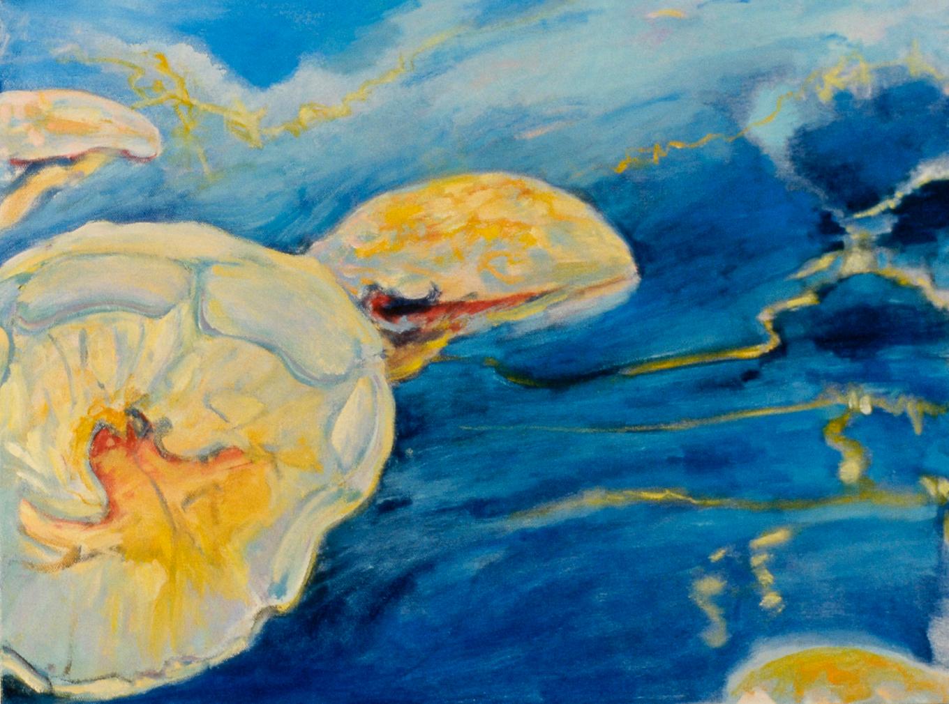 Adrift in the Current, Öl auf Leinwand, Licht und Schatten, Unterwasserlandschaft (Blau), Abstract Painting, von Ellen Hart