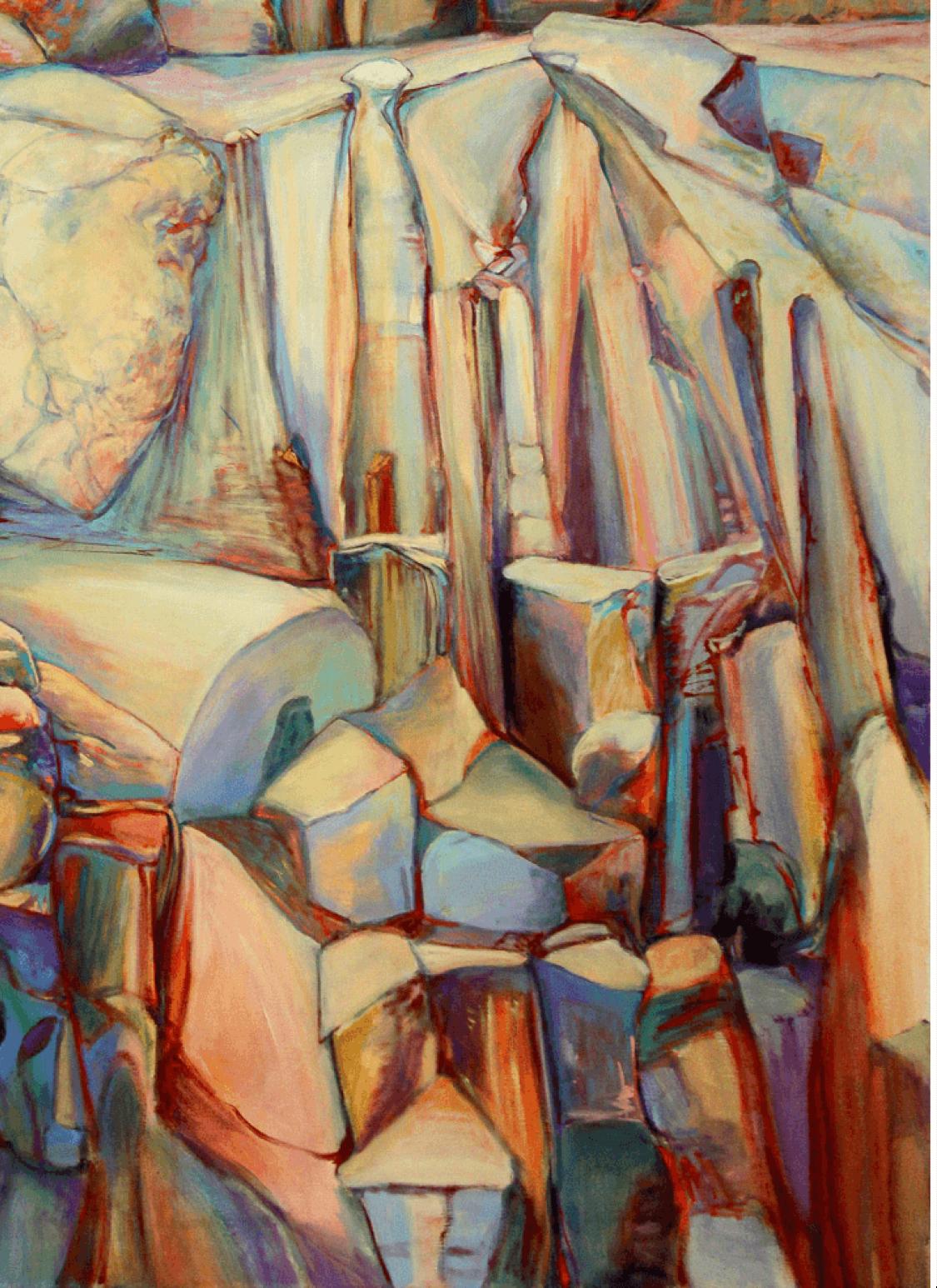  BIG ROCK CANDY MOUNTAIN
Artist's Statement: Big Rock Candy Mountain, a painting 60” X 40”, painted with acrylic & oil pigments on canvas, was inspired by many hiking trips to Enchanted Rock in Central Texas, as well as the lyrics to a Bluegrass