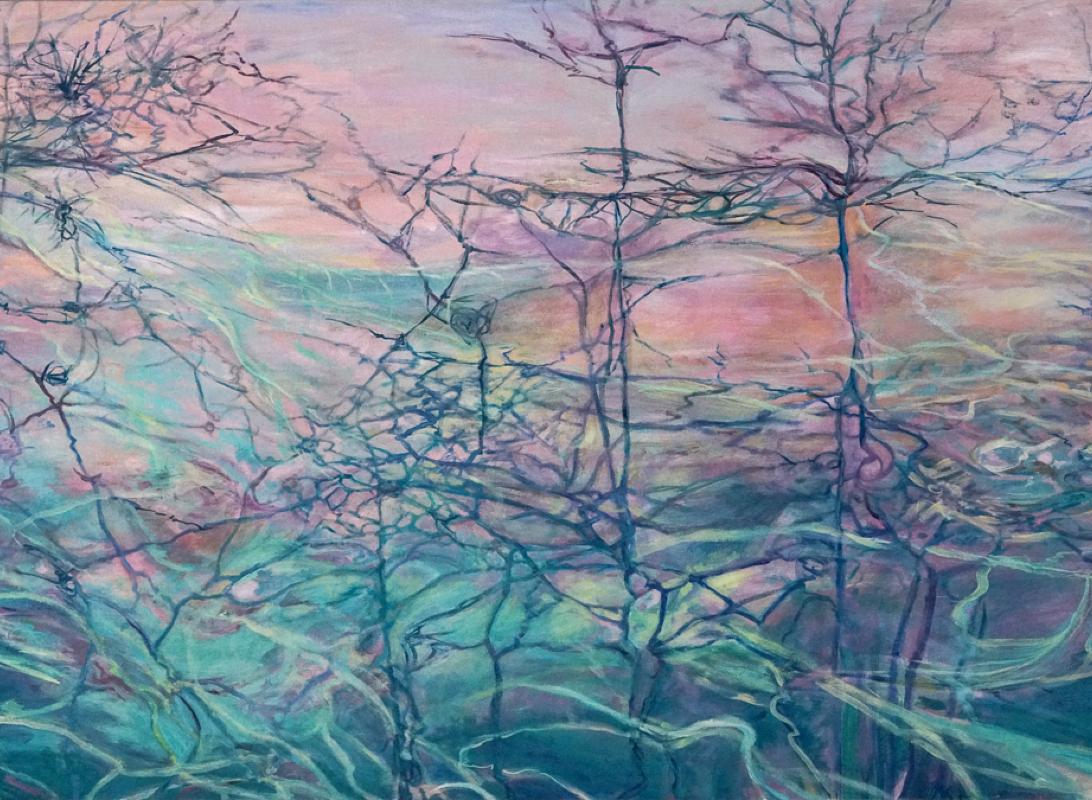 Aquarelle céladon, Art abstrait, Art contemporain, Série Reflection d'eau et de verre - Impressionnisme abstrait Painting par Ellen Hart