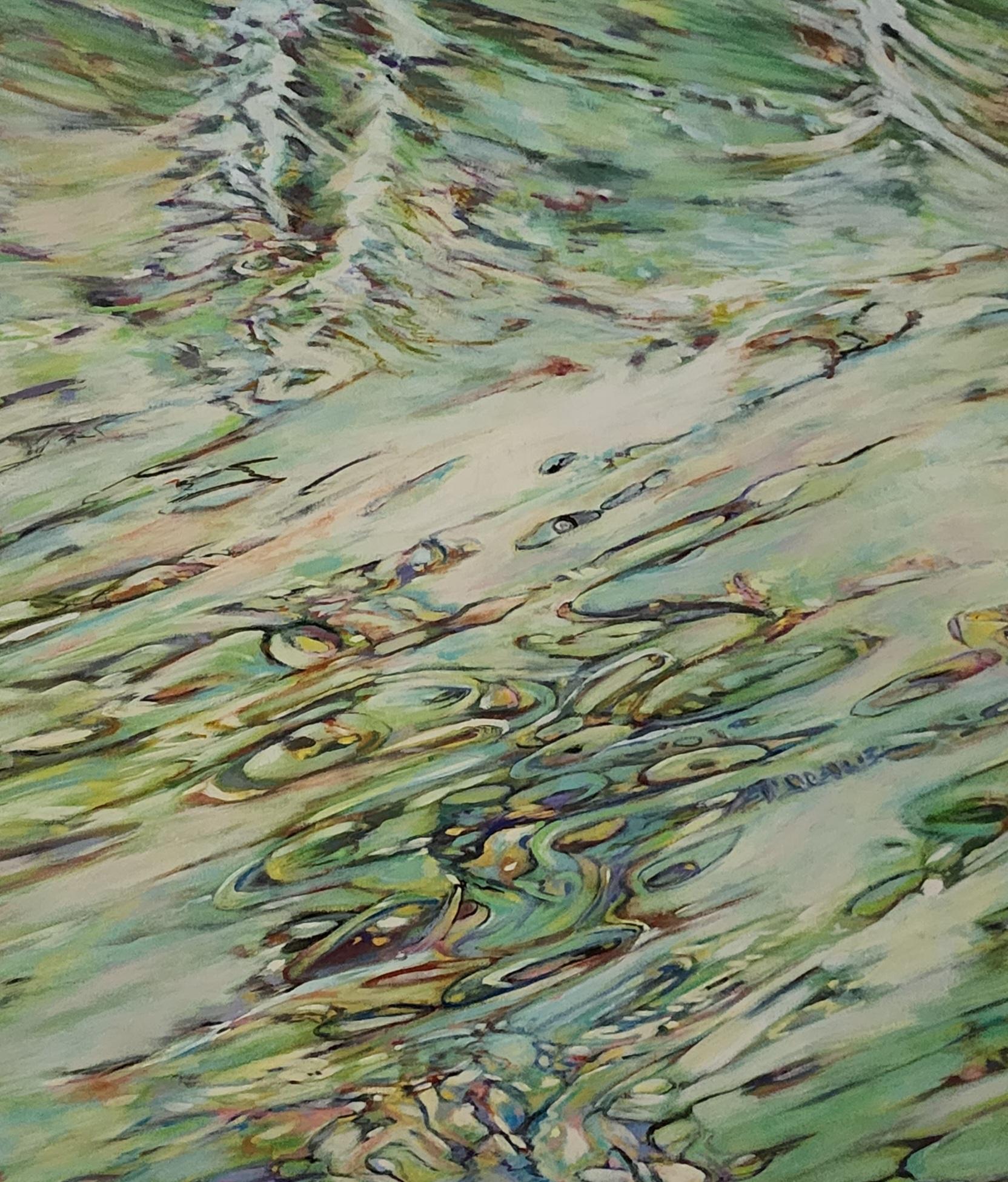 Mer de Céladon, art abstrait, art contemporain, série de reflets d'eau et de verre - Gris Landscape Painting par Ellen Hart