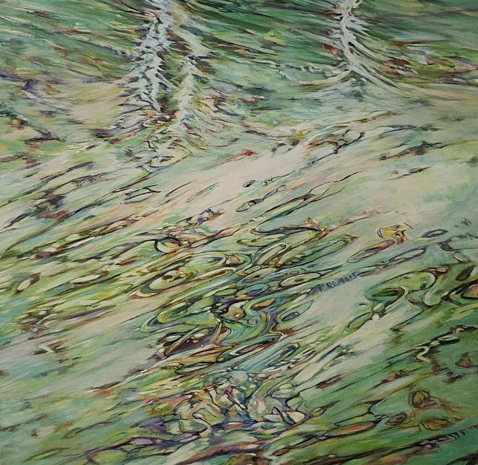 Aquarelle céladon, Art abstrait, Art contemporain, Série Reflection d'eau et de verre en vente 1