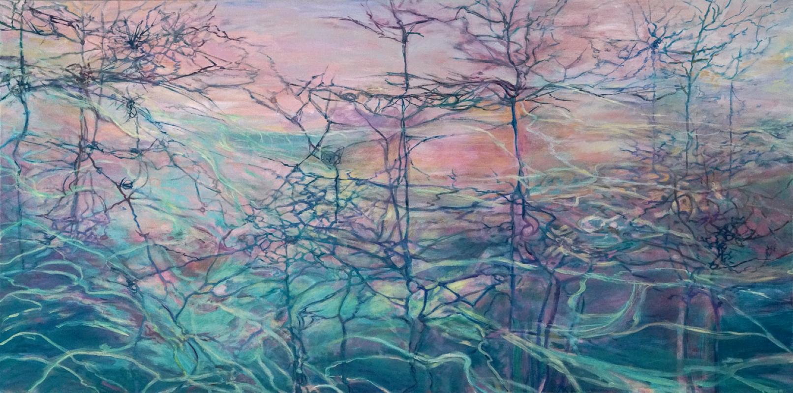 Abstract Painting Ellen Hart - Aquarelle céladon, Art abstrait, Art contemporain, Série Reflection d'eau et de verre