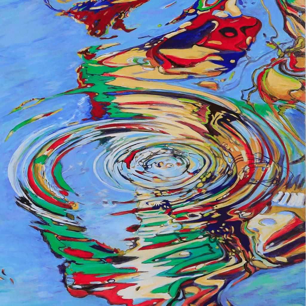 Celadonisches Meer  
Gyre ist Teil von C.  Ellen Harts Serie The Bayou Reflections, die sich mit Reflexionen über meine lokalen Wasserwege beschäftigt. Ein Arm des White Oak Bayou schlängelt sich am Fuße unseres Grundstücks entlang und gibt mir