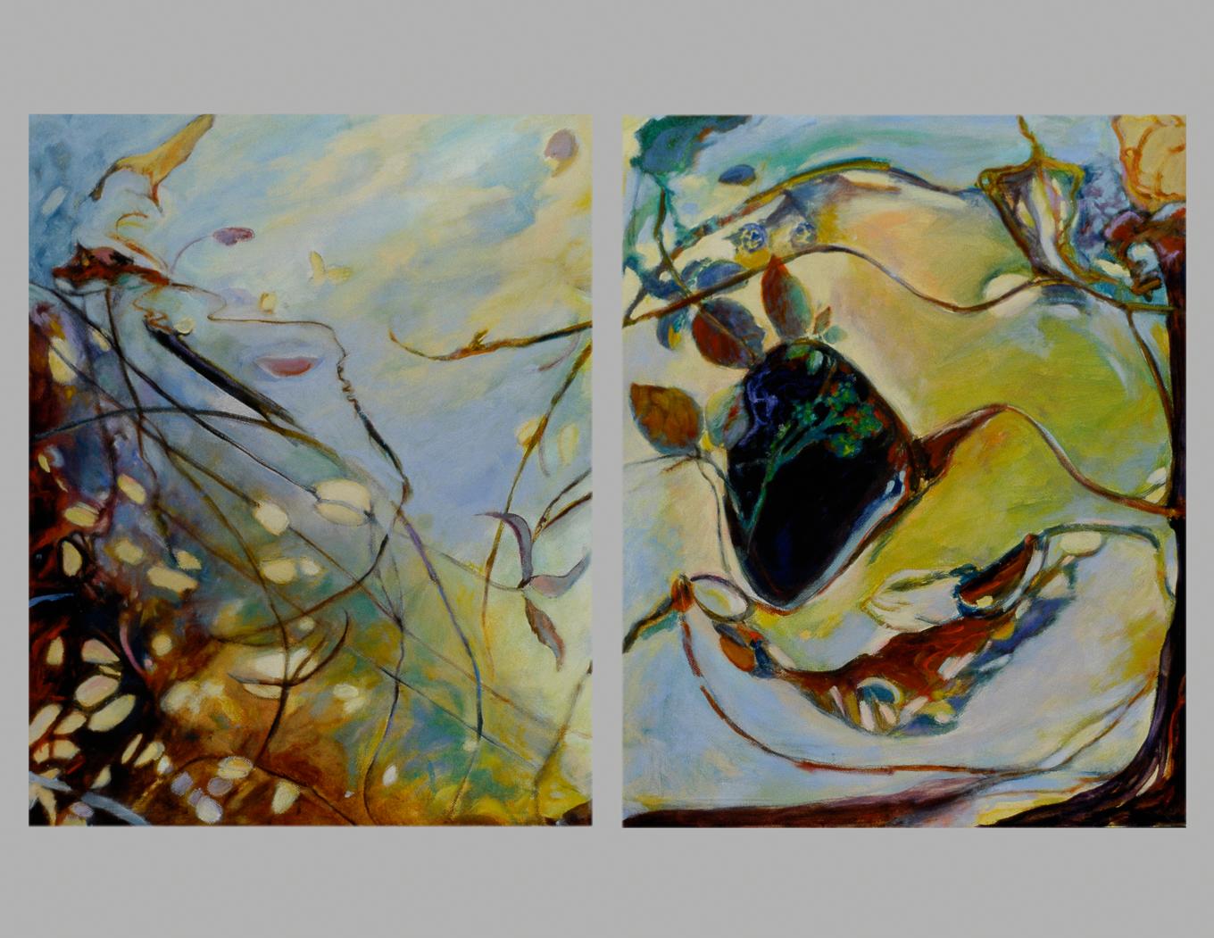 Into the Woods I, Sold as One or Several Panels, Oil, Shadow Series, Organic - Gray Abstract Painting by Ellen Hart